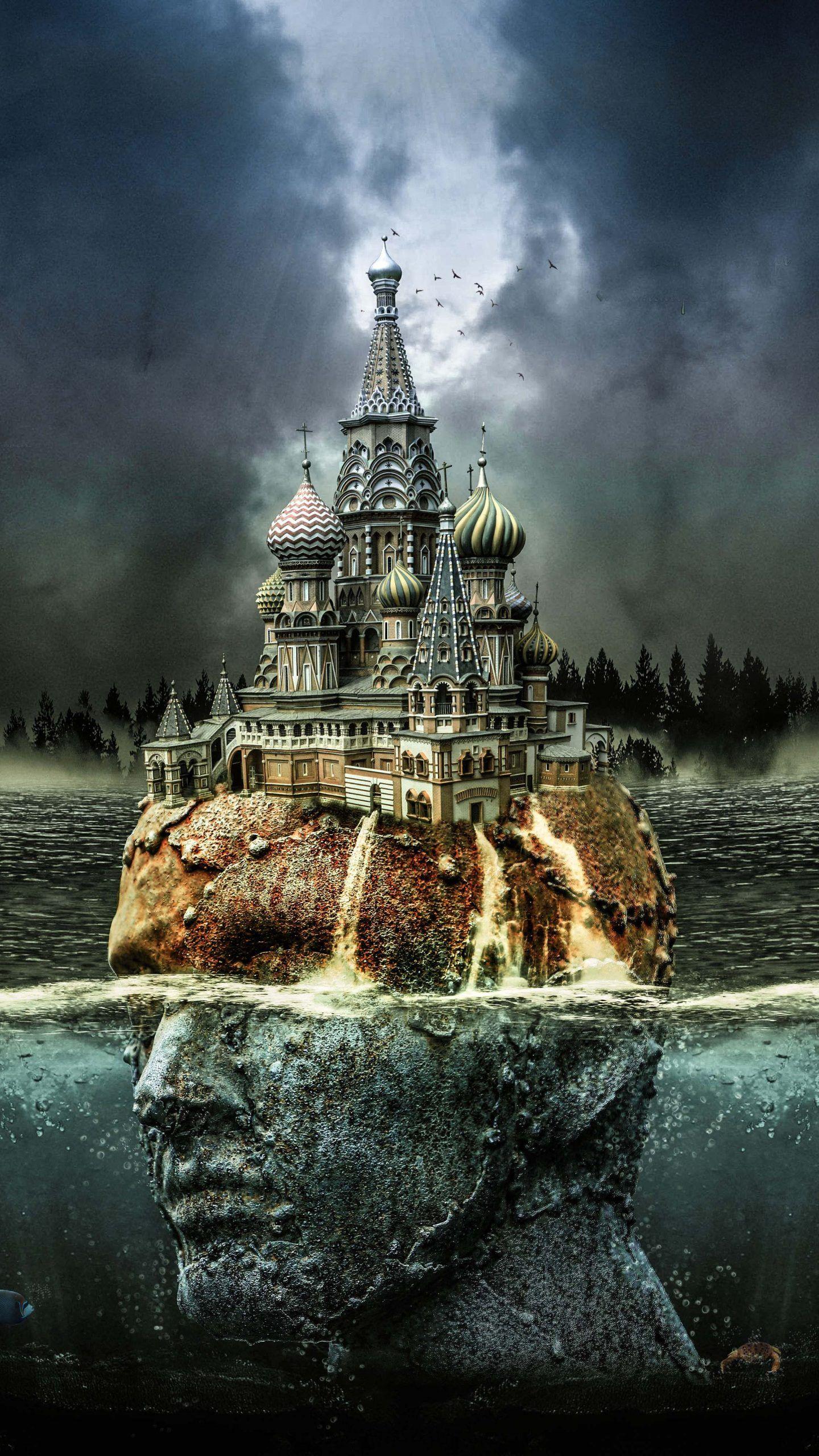1440x2560 Head Fantasy Castle Water Clouds 4K Wallpaper
