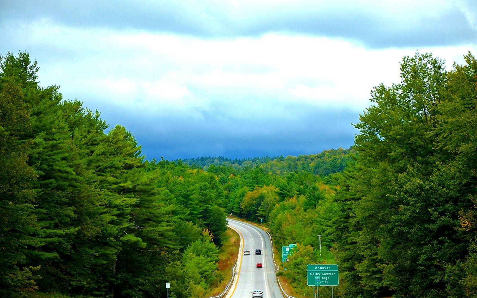 1600x1000 landscape, forest, hill, nature, sky, park, road, clouds