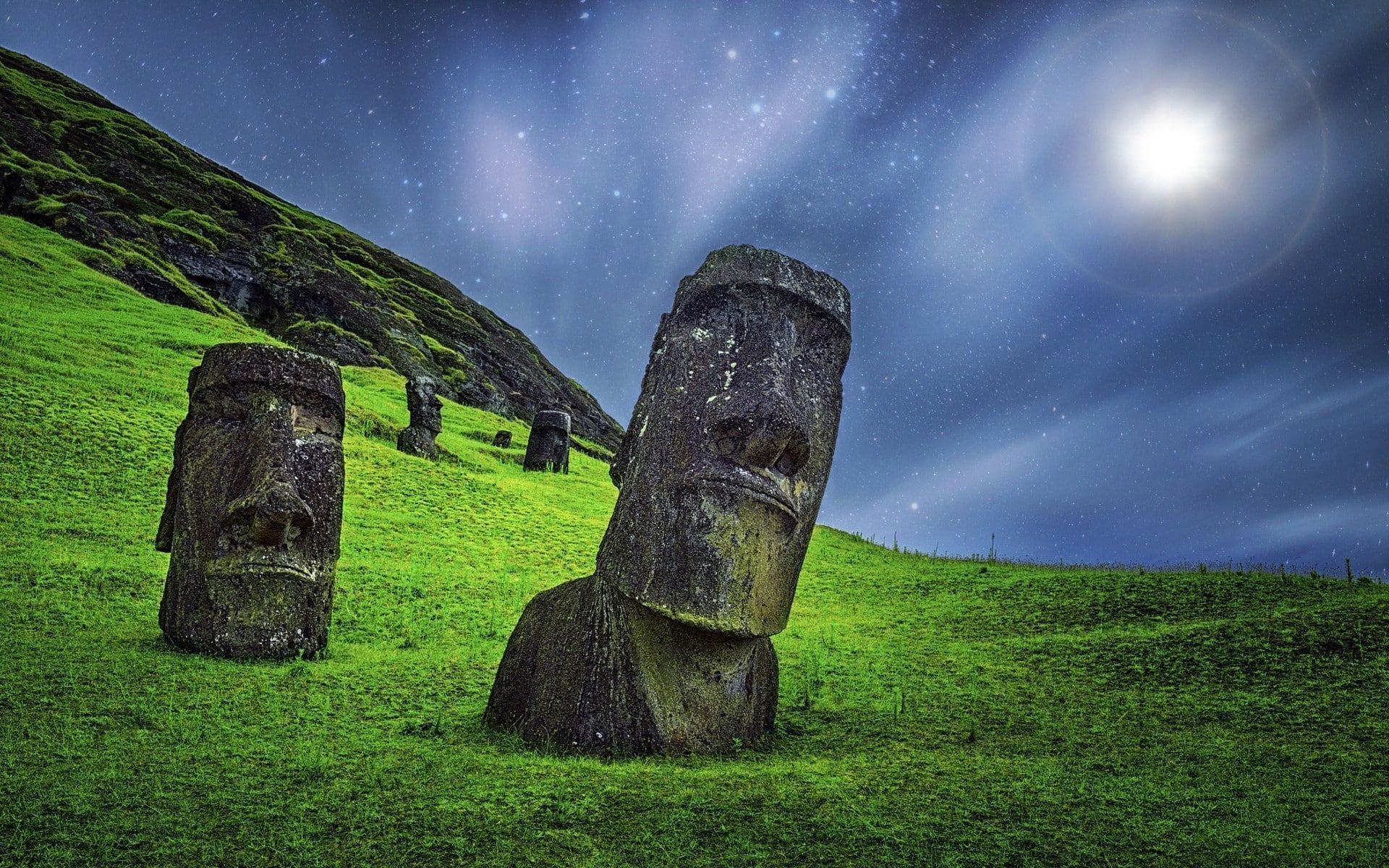 1920x1200 HD wallpaper: enigma nature landscape moai sculpture starry night grass moonlight easter island rapa nui chile statue stone long exposure