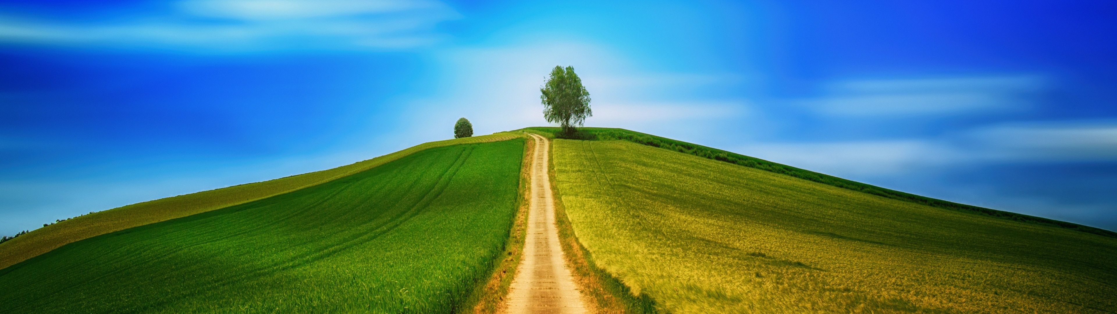 3840x1080 Landscape Wallpaper 4K, Green, Path, Countryside, Daytime