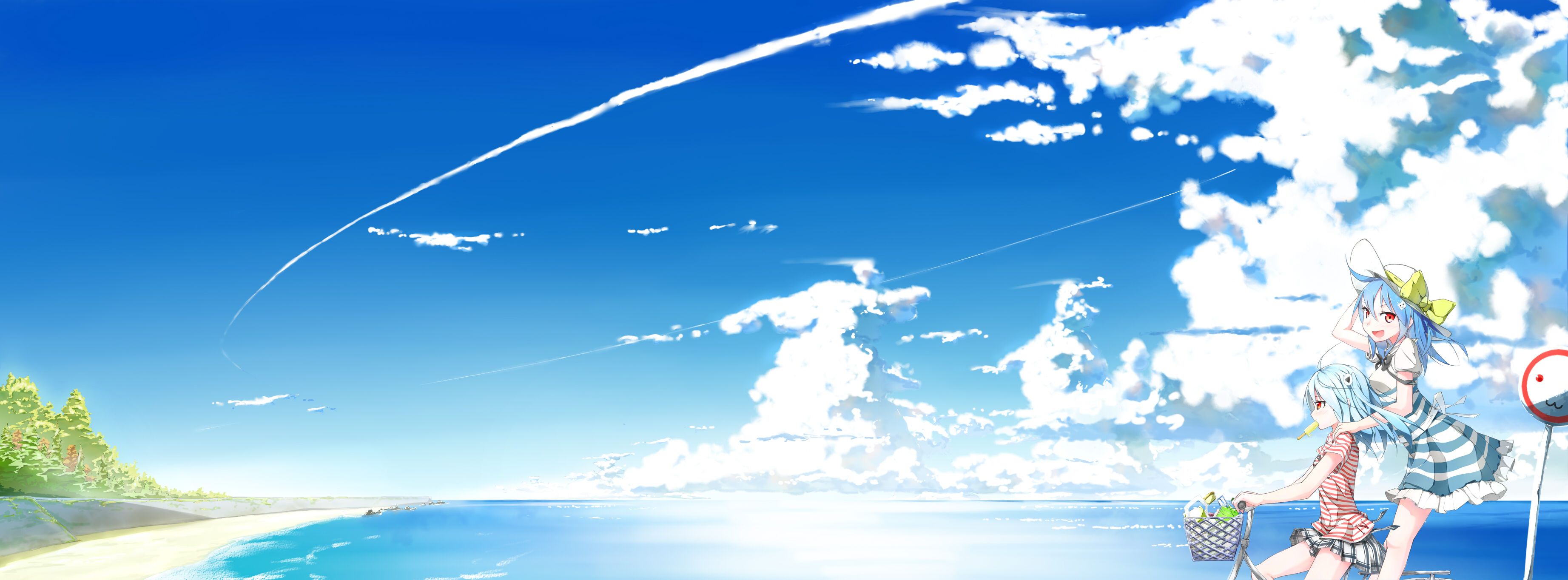 3687x1364 Anime Scenery With Girls Dual Screen Wallpaperx1364