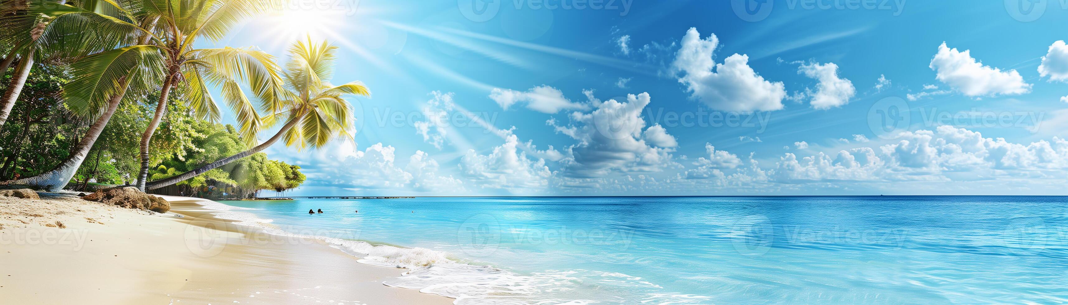3431x980 Tropical Paradise Beach With Clear Caribbean Waters And Sun Drenched Palms, Spacious Layout For Summer Vacation Ads