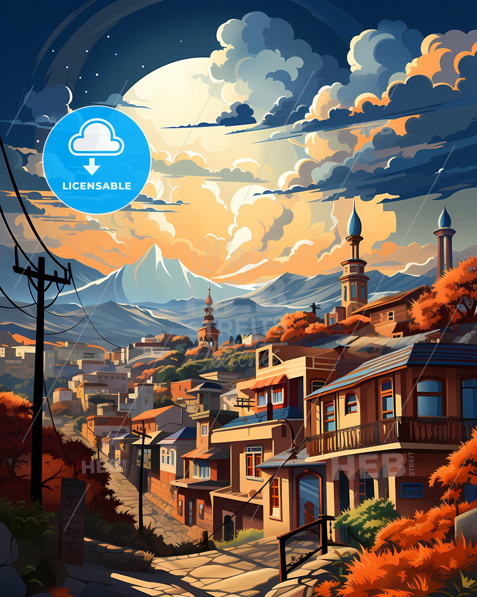 1946x2433 Gujranwala Pakistan Skyline Vivid Painting City Mountains Trees Artwork