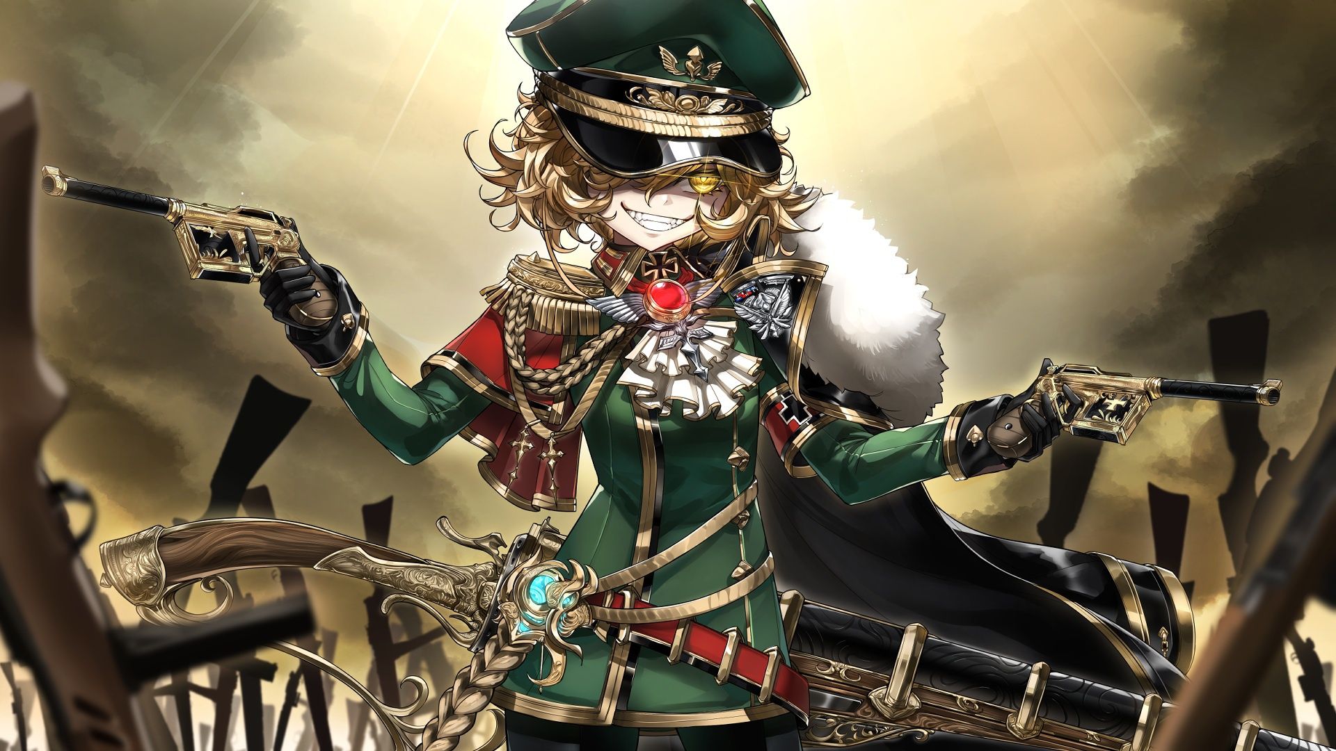 1920x1080 Wallpaper military uniform, the gray sky, crazy eyes, obsessed, hell of a grin, Youjo Senki, Tanya Devil of the Rhine Degurechaff, Tanya Degurechaff for mobile and desktop, section сёнэн, resolution 1920x1080
