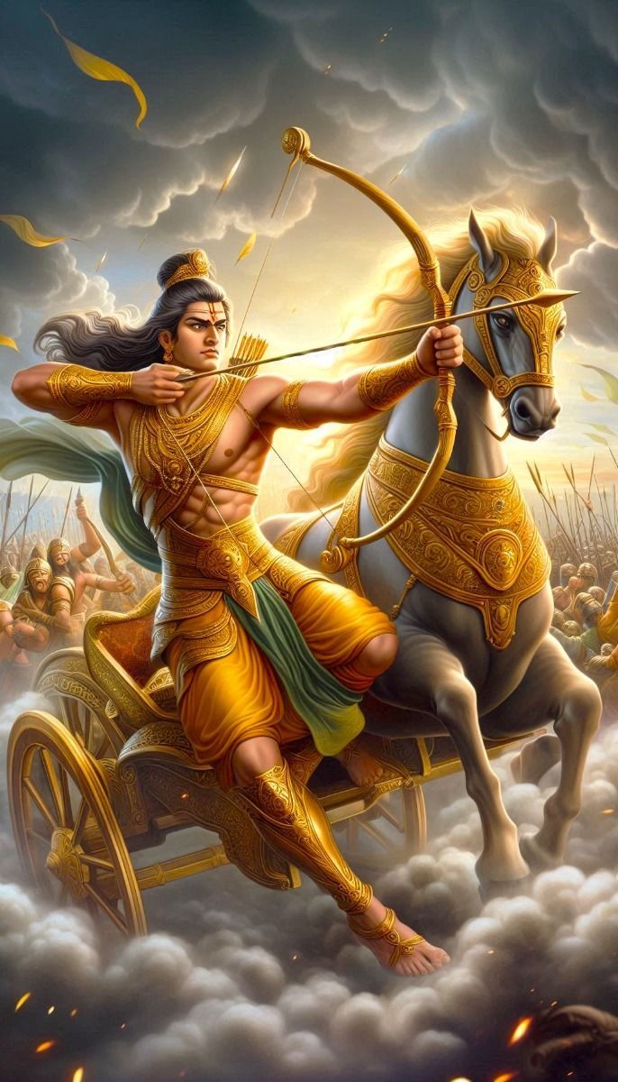 686x1200 Depict Arjuna standing tall on his chariot