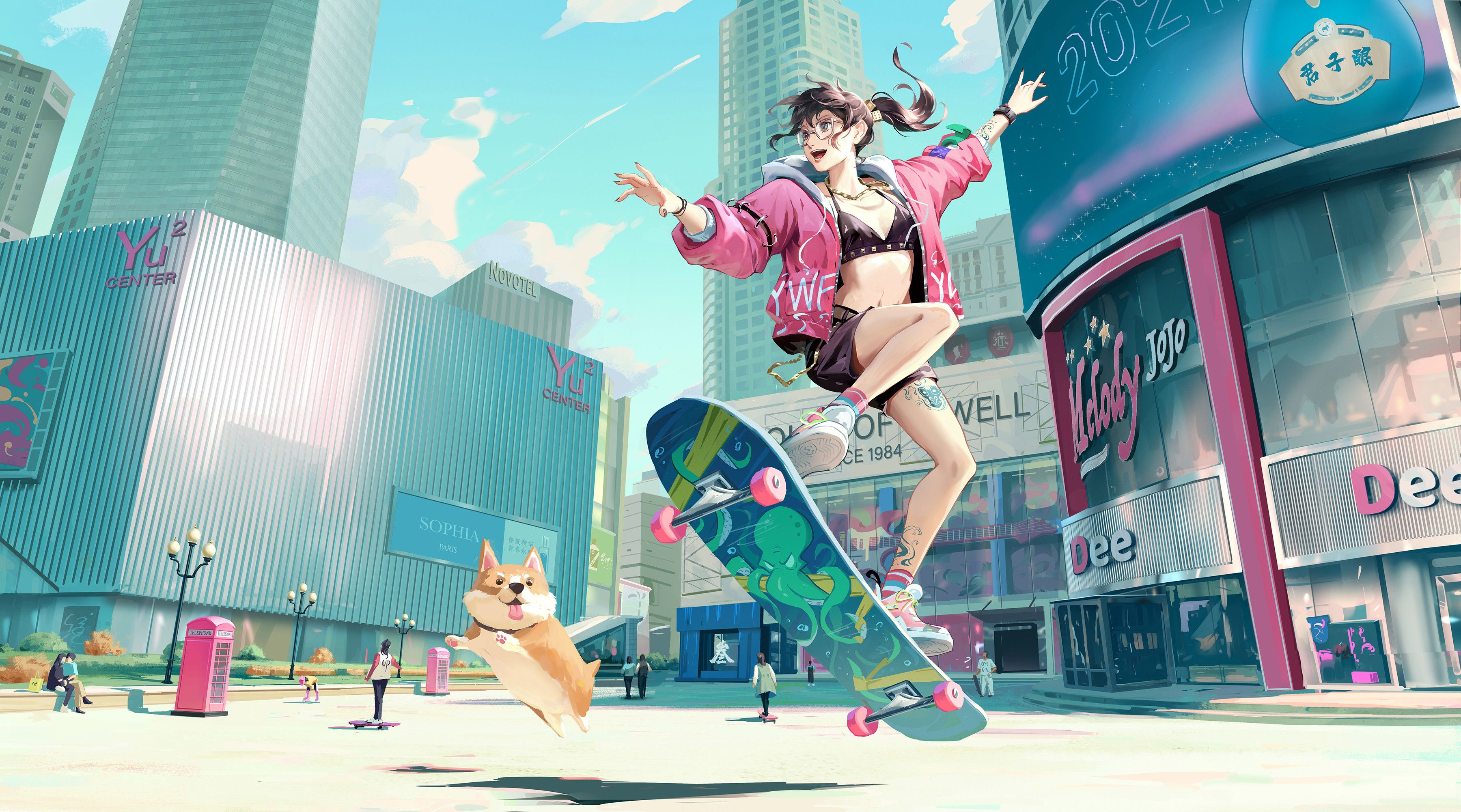 3600x2001 Skyline Anime Girl Skateboard With Dog Wallpaper, HD Artist Wallpaper, 4k Wallpaper, Image, Background, Photos and Picture