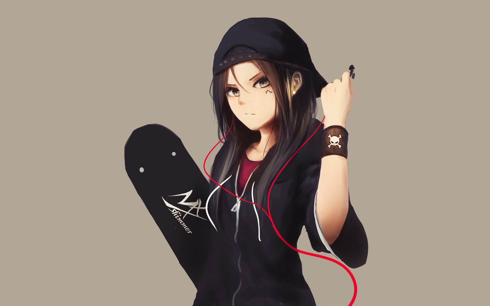 1920x1200 Skateboard Chic: Anime Girl with Earbuds HD Wallpaper by 梦夏shimmerx1200