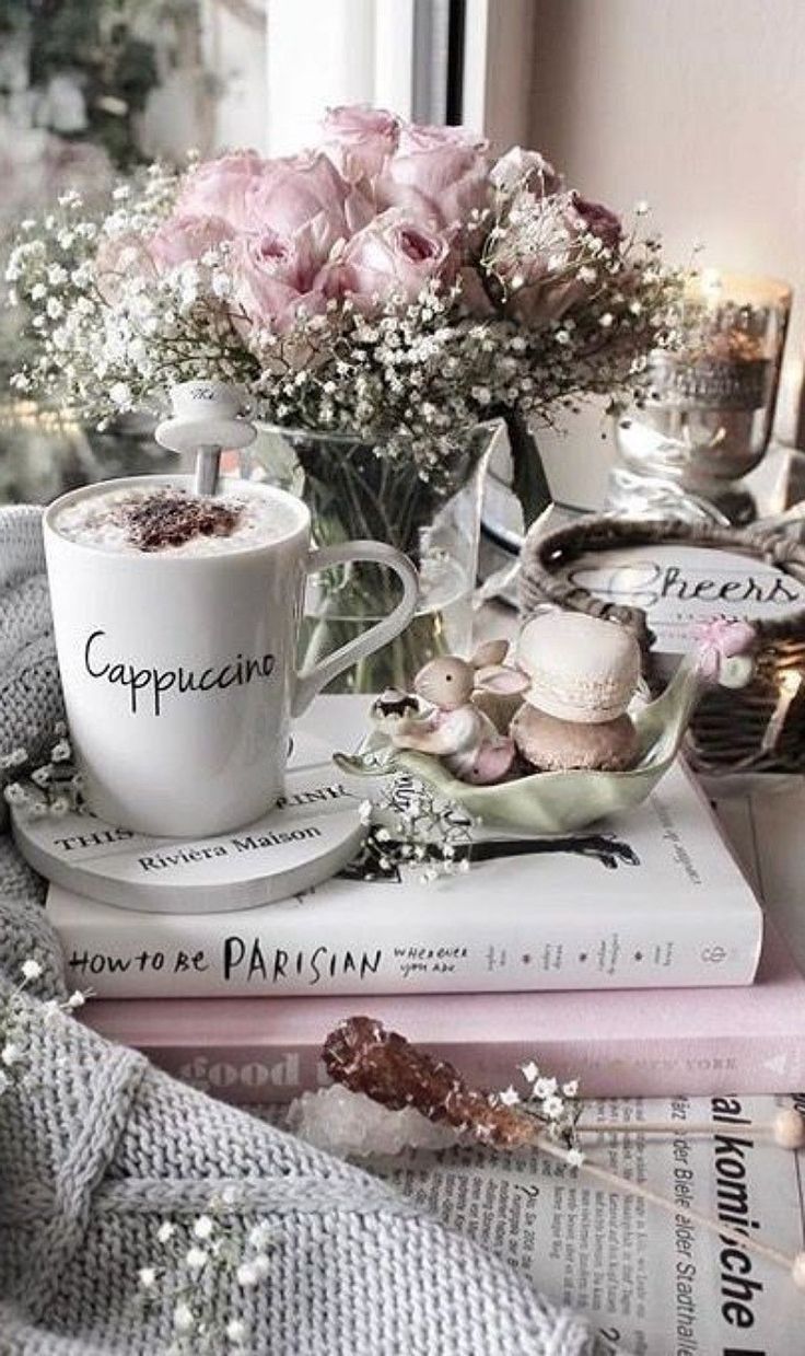 736x1239 Coffee and Books with Beautiful Flower Decor. Cozy cafe with flowers and books, Romantic floral coffee art, Romantic pink coffee art