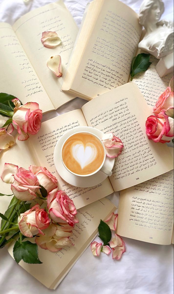 712x1200 Coffee and Roses: A Perfect Morning. Pink rose book page with cookies, Inspirational notebook with coffee and flowers, Floral notebook with coffee and flowers