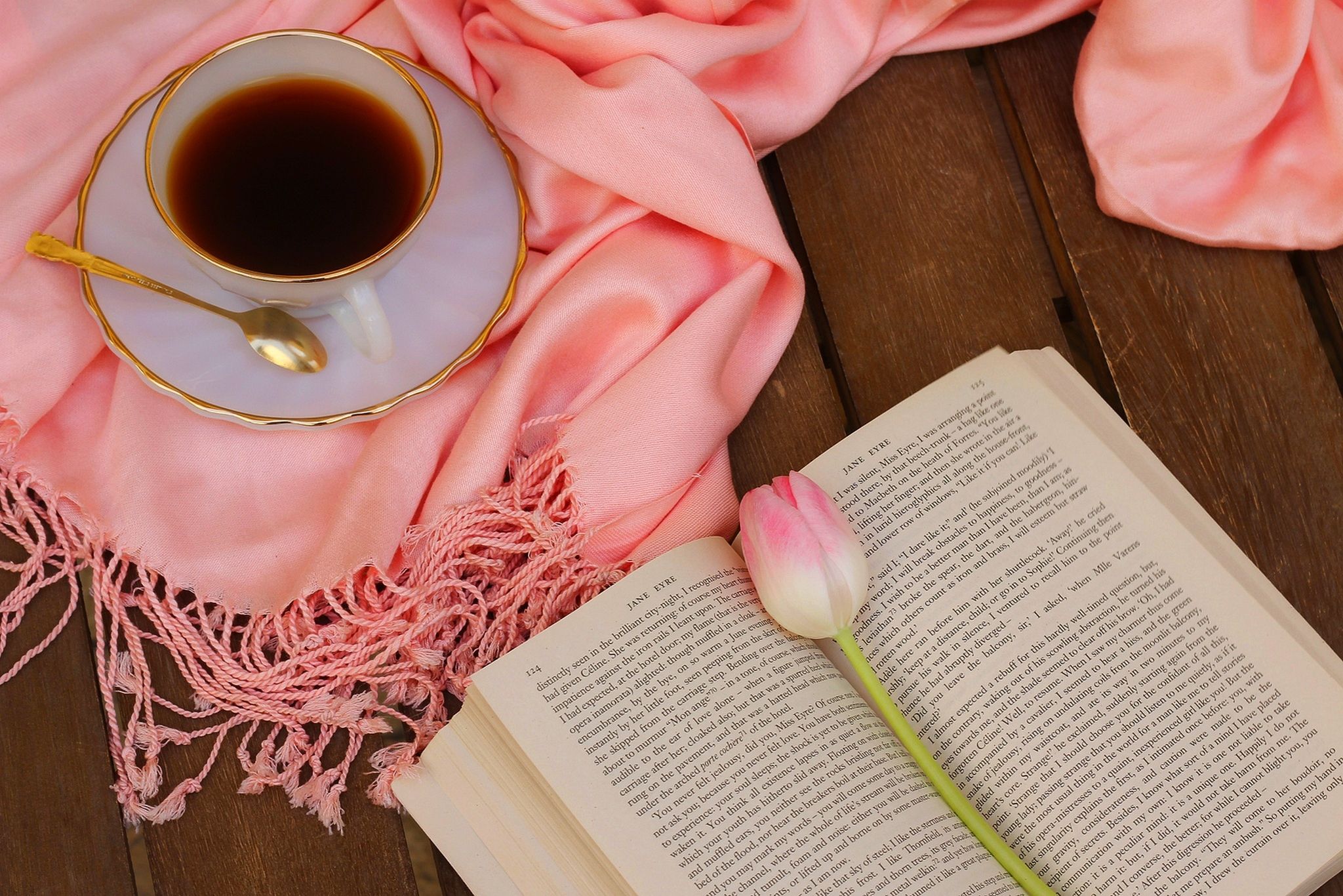2048x1366 Wallpaper flowers, coffee, scarf, tulips, pink, still life, flower, pink for mobile and desktop, section цветы, resolution 2048x1366