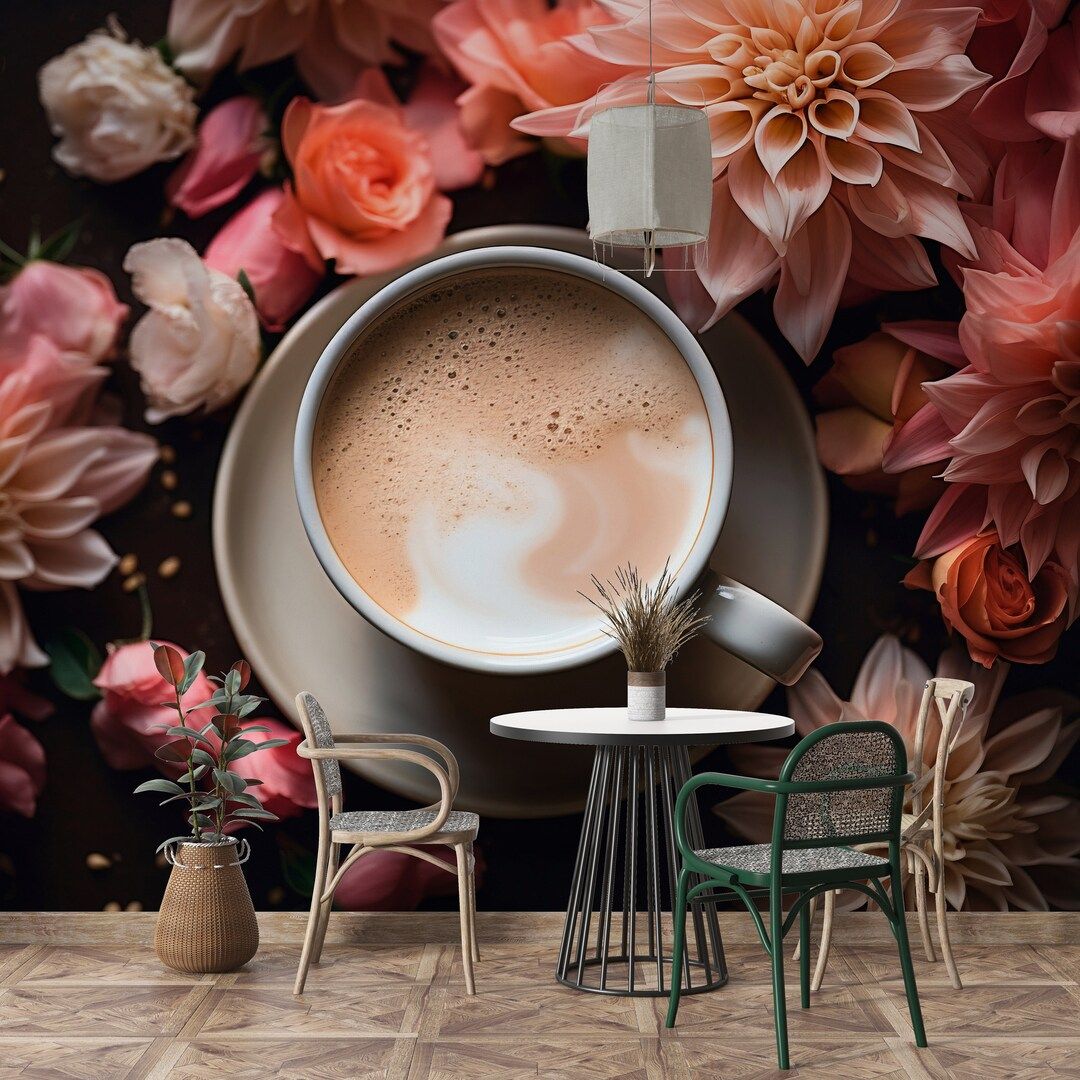 1080x1080 Coffee Shop Wallpaper: Floral Coffee Cup Mural, Peel and Stick Fabric, PW517