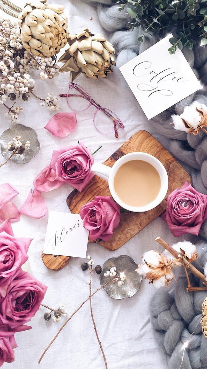 800x1422 Love, coffee, cup, heart, morning, roses, HD phone wallpaper