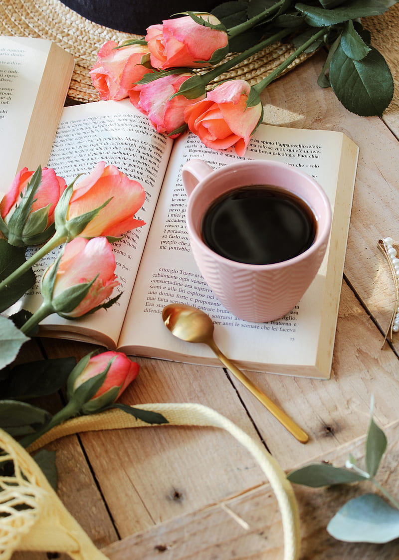 800x1123 Cup, book, flowers, roses, tea, HD phone wallpaper