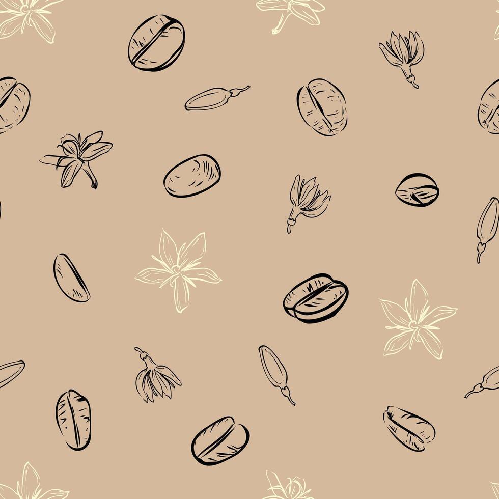 980x980 A Seamless Pattern Featuring Hand Drawn Coffee Beans, Flowers, And Buds On A Beige Background, Perfect For Packaging, Textiles, And Wallpaper Designs