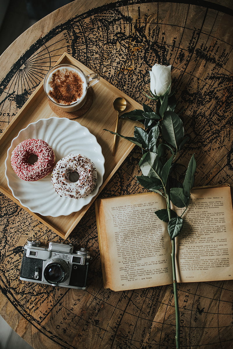 800x1198 Book, flower, donuts, cup, coffee, camera, HD phone wallpaper