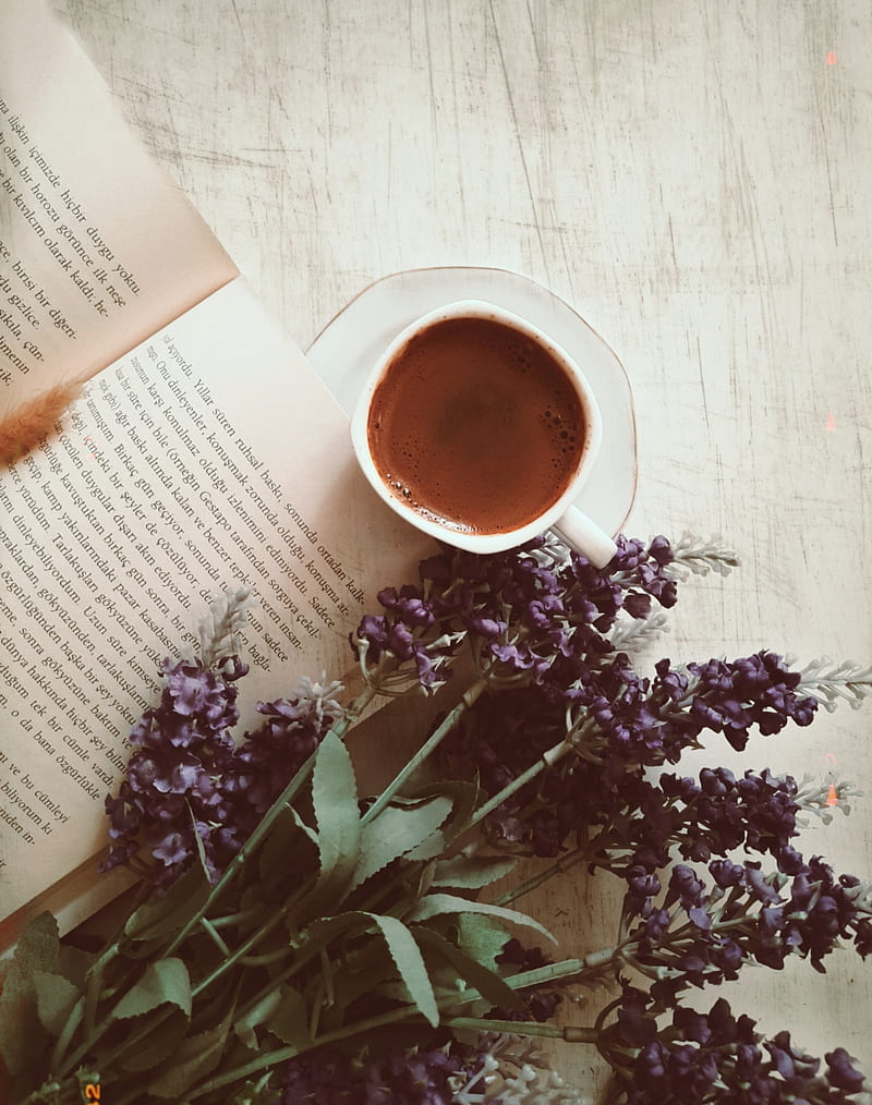 800x1014 Coffee, cup, book, flowers, text, HD phone wallpaper