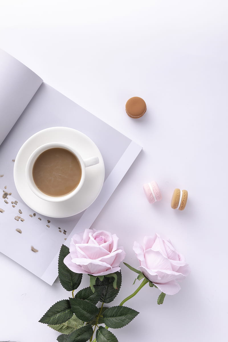 800x1200 Coffee, coffee cup, book cover, Macarons, white, flowers, HD phone wallpaper