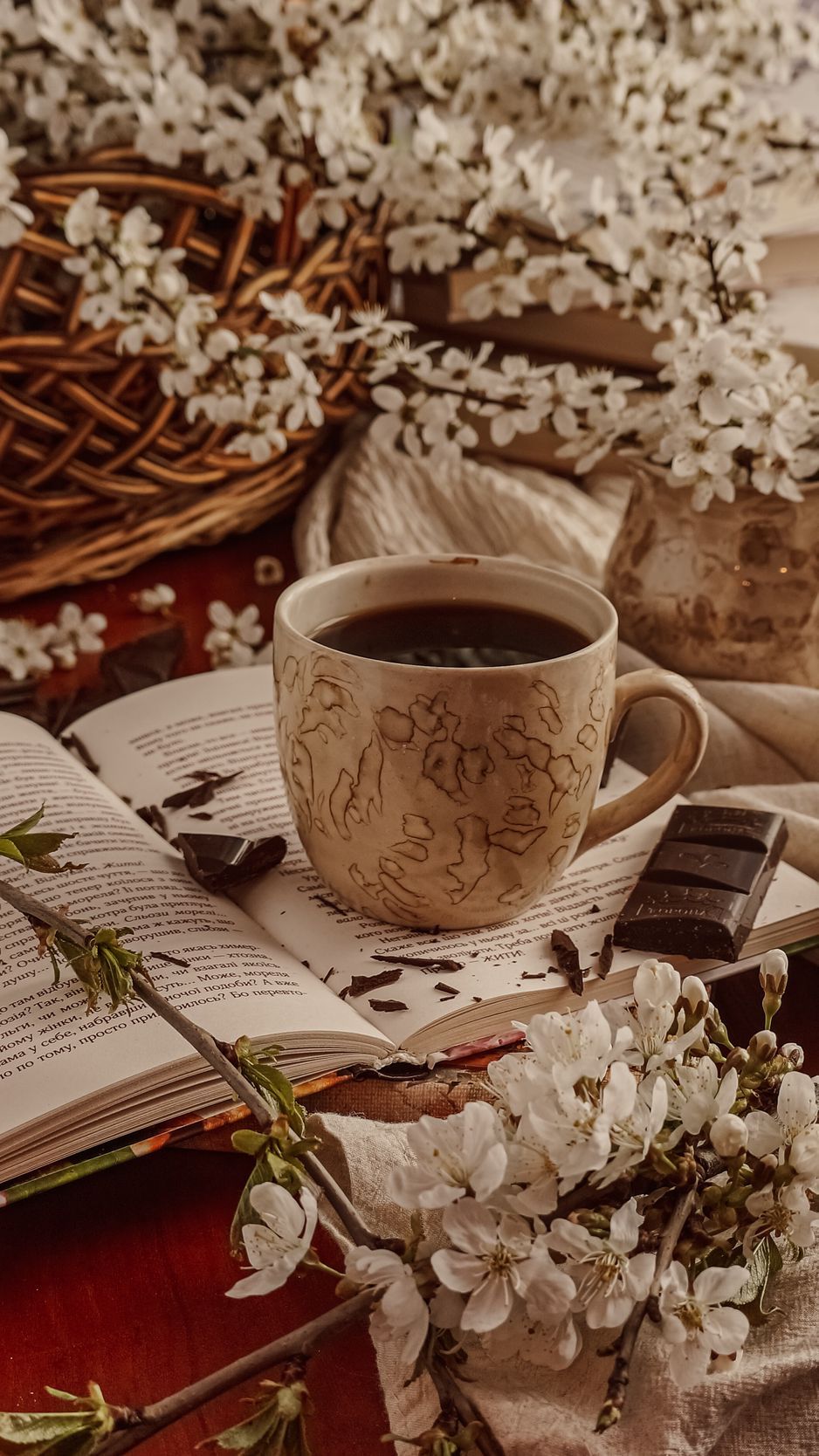 938x1668 Download Wallpaper 938x1668 Cup, Tea, Chocolate, Book, Flowers Iphone 8 7 6s 6 For Parallax HD Background