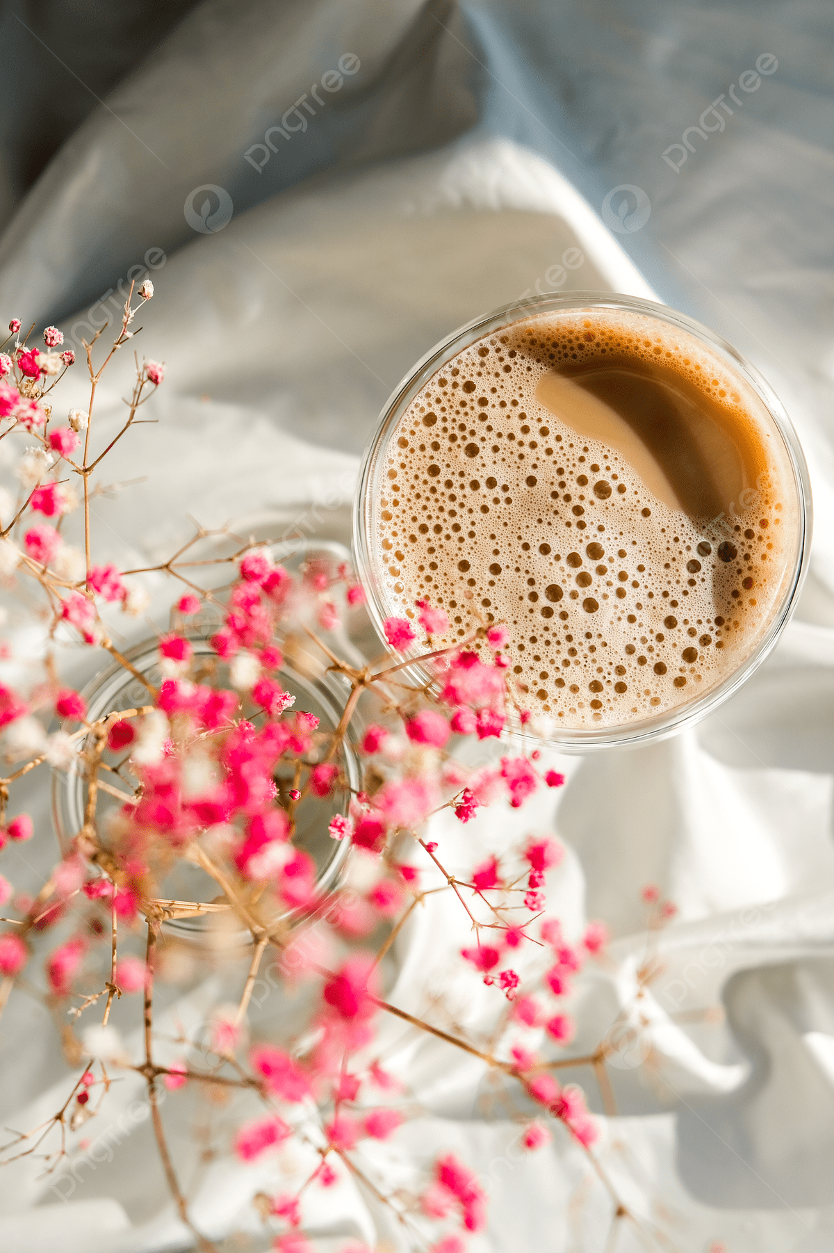 1200x1802 Morning Coffee Aesthetics Latte Cappuccino In A Cup With Pink Gypsophila Flowers Perfect For Breakfast Vibes Photo Background And Picture For Free Download