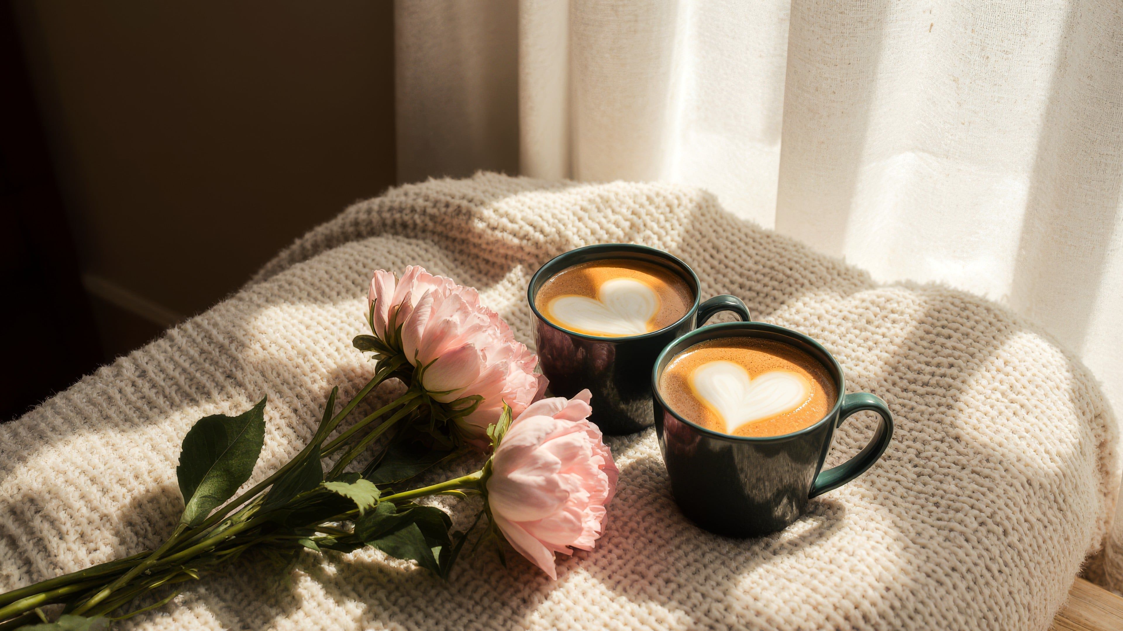3840x2160 Photograph of two cups of coffee with a heart made with milk and flowers Aesthetic Wallpaper 4K for Desktop