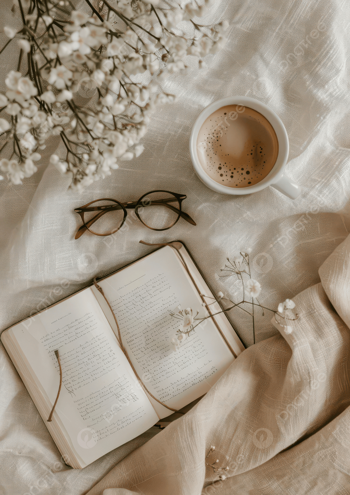 1200x1697 A Cozy Scene Featuring Book Glasses Coffee And Flowers On Soft Fabric Background Wallpaper Image For Free Download