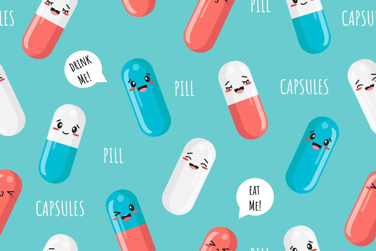 1470x980 Seamless Pattern with Pills. Kawaii face and quotes. Funny vector illustration for your design of packaging, wrapping, fabric, paper, wallpaper