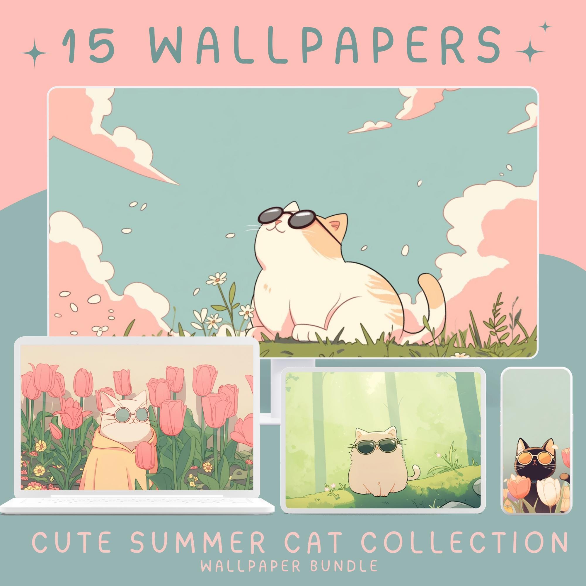 2000x2000 Kawaii Kitty Wallpaper: Spring Pastel Desktop Background (4K HD Digital Download)