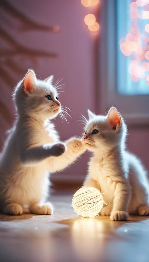 500x875 Two Adorable White Kittens Playing With A Ball Of Tinsel In A Room Illuminated With The Radiant Glow Of Y2K Themed LED Lights. Wallpaper [900d9e1350d74a37ba23] By Wallpaper HD