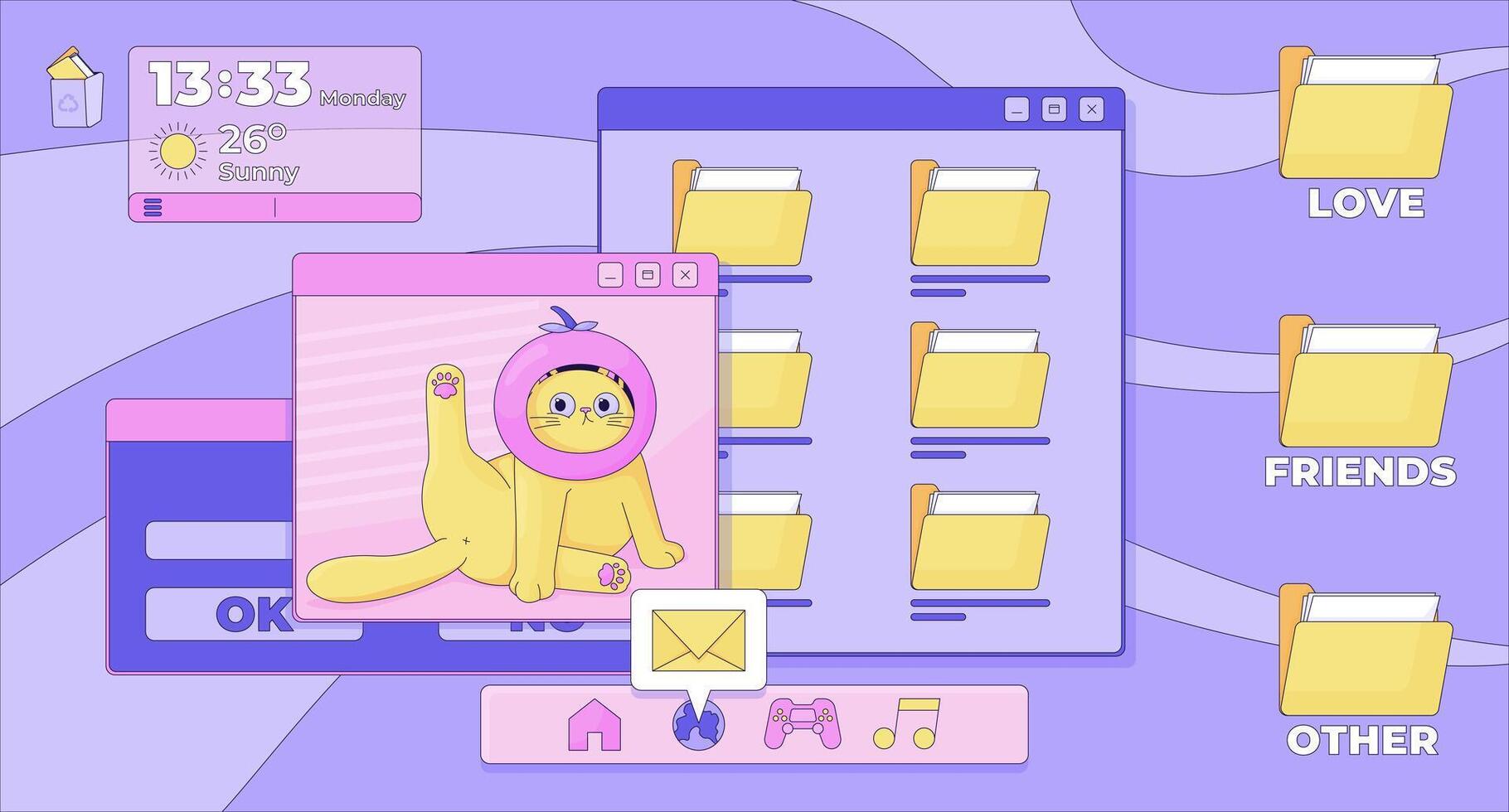 1820x980 Cute retro desktop interface lofi animation. Kawaii cat UI window. Y2K vaporwave computer folders. Weather widget. Lo Fi aesthetic animated background 4K. 2D cartoon nostalgic live wallpaper