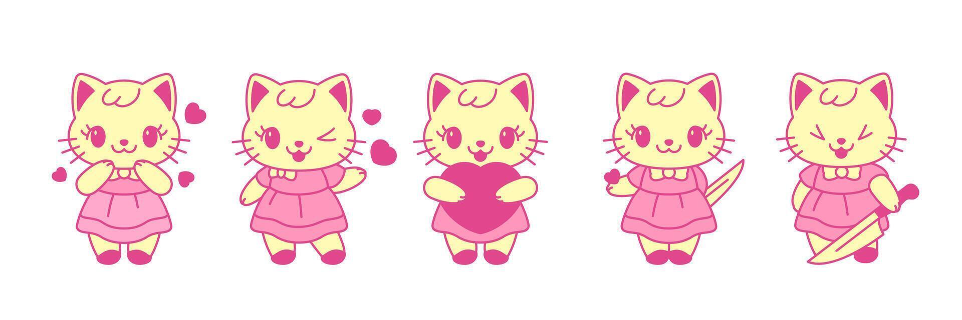 1920x640 Y2k cute Kawaii kitten toy pink cat with heart love comic retro groovy icon flat illustration