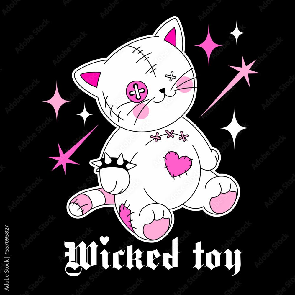 1000x1000 Vetor do Stock Glam y2k teddy toy kitten with goth slogan Wicked toy. Weird gothic 00's sticker, rock black and punk pink colors. Emo teen girly print. Cute smile cat with seams