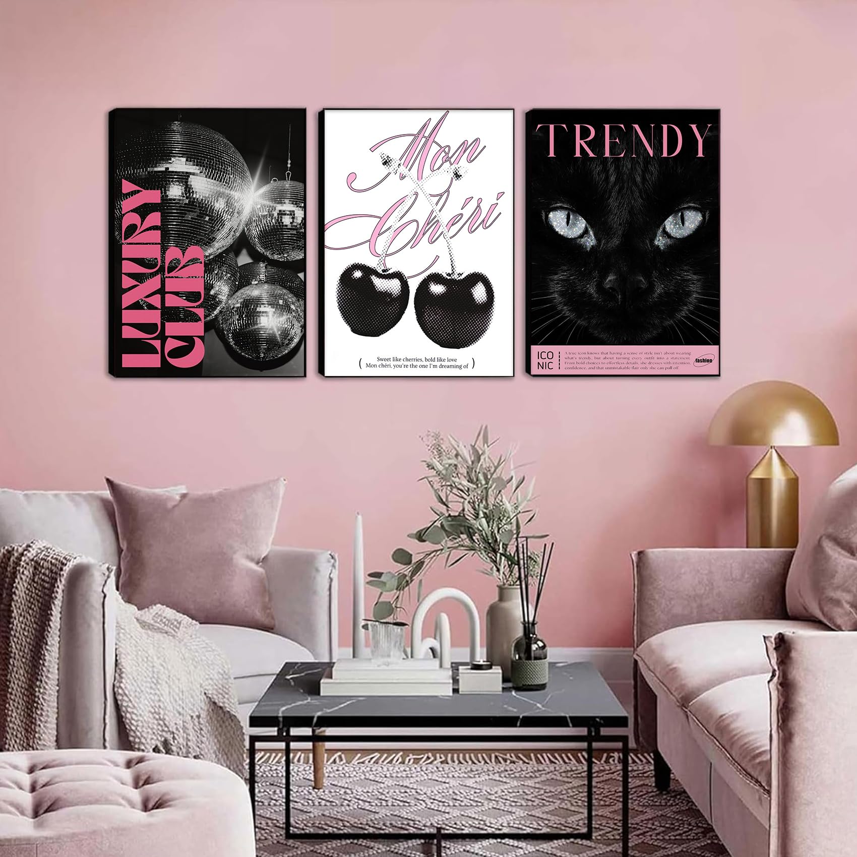 1700x1700 3Pcs Pink Black And White Trendy Preppy Wall Art Fashion Cheetah Wall Decor Cat Magazine Luxury Club Disco Ball Picture Y2k Coquette Aesthetic Poster for Girl Dorm Room Bedroom 12x16in Unframed