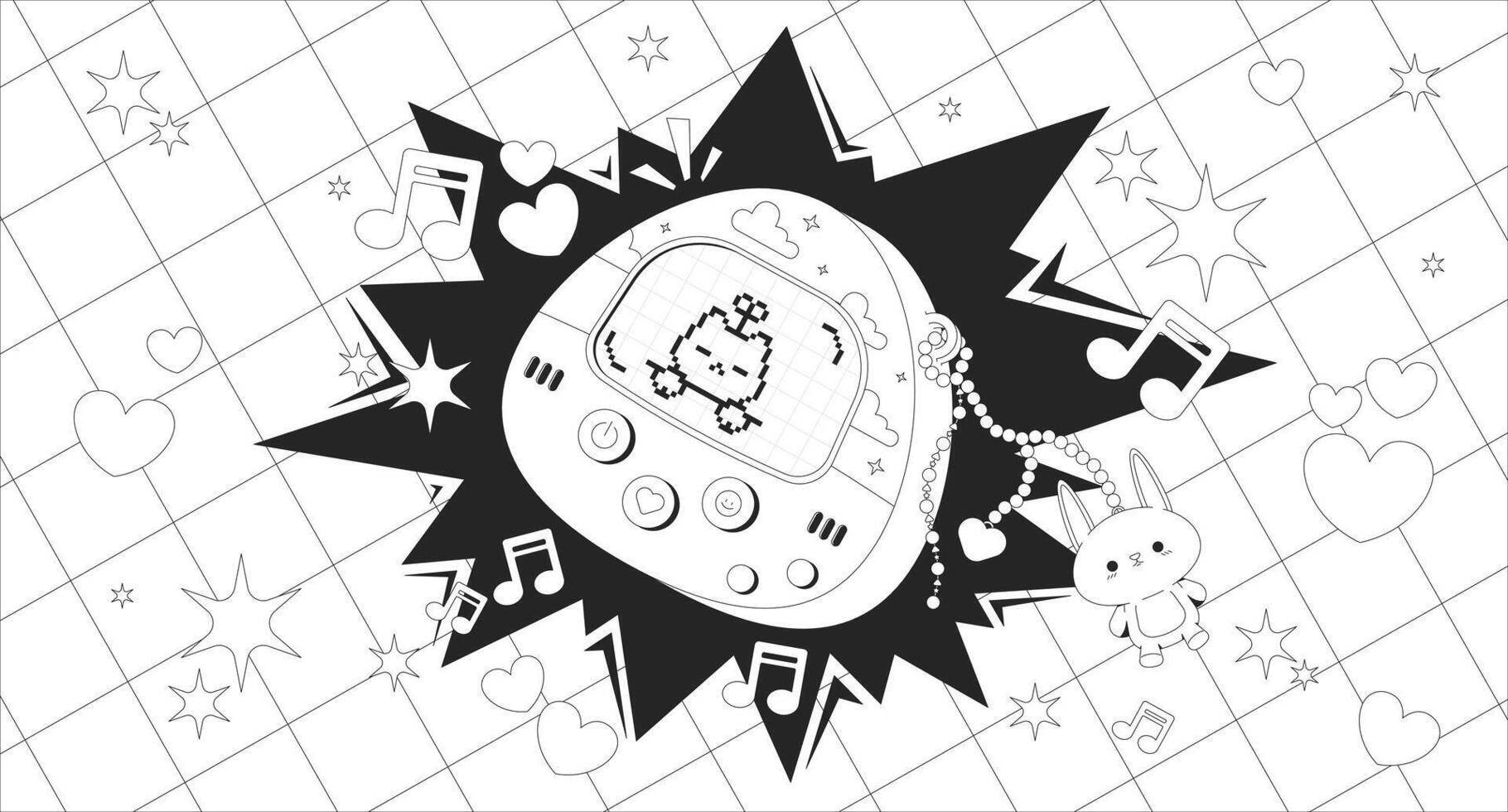 1820x980 Cute Y2K virtual pet device lofi animation. 2000s digital toy with pixel cat and music. Kawaii gadget with charm. Lo Fi aesthetic animated background 4K. Flat 2D cartoon nostalgic live wallpaper