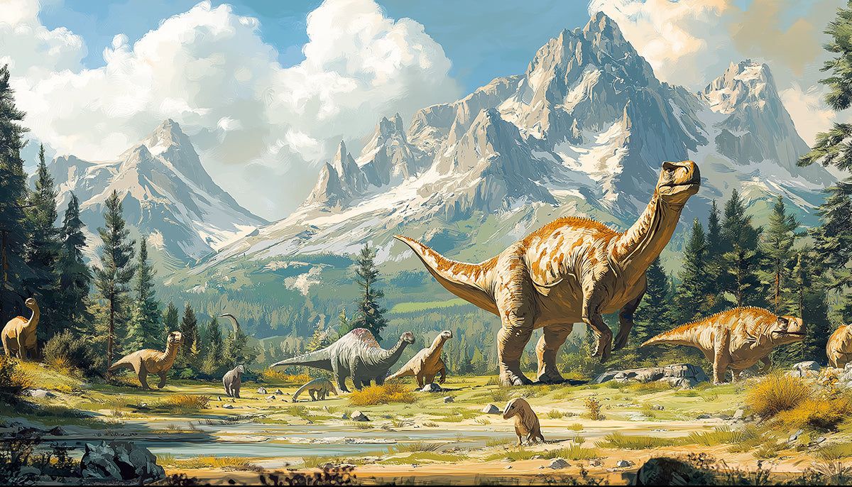 1200x686 Realistic Dinosaur Mural Wallpaper in Playroom. Various Colors (Brown, Green, Blue, etc.) of Dinosaur