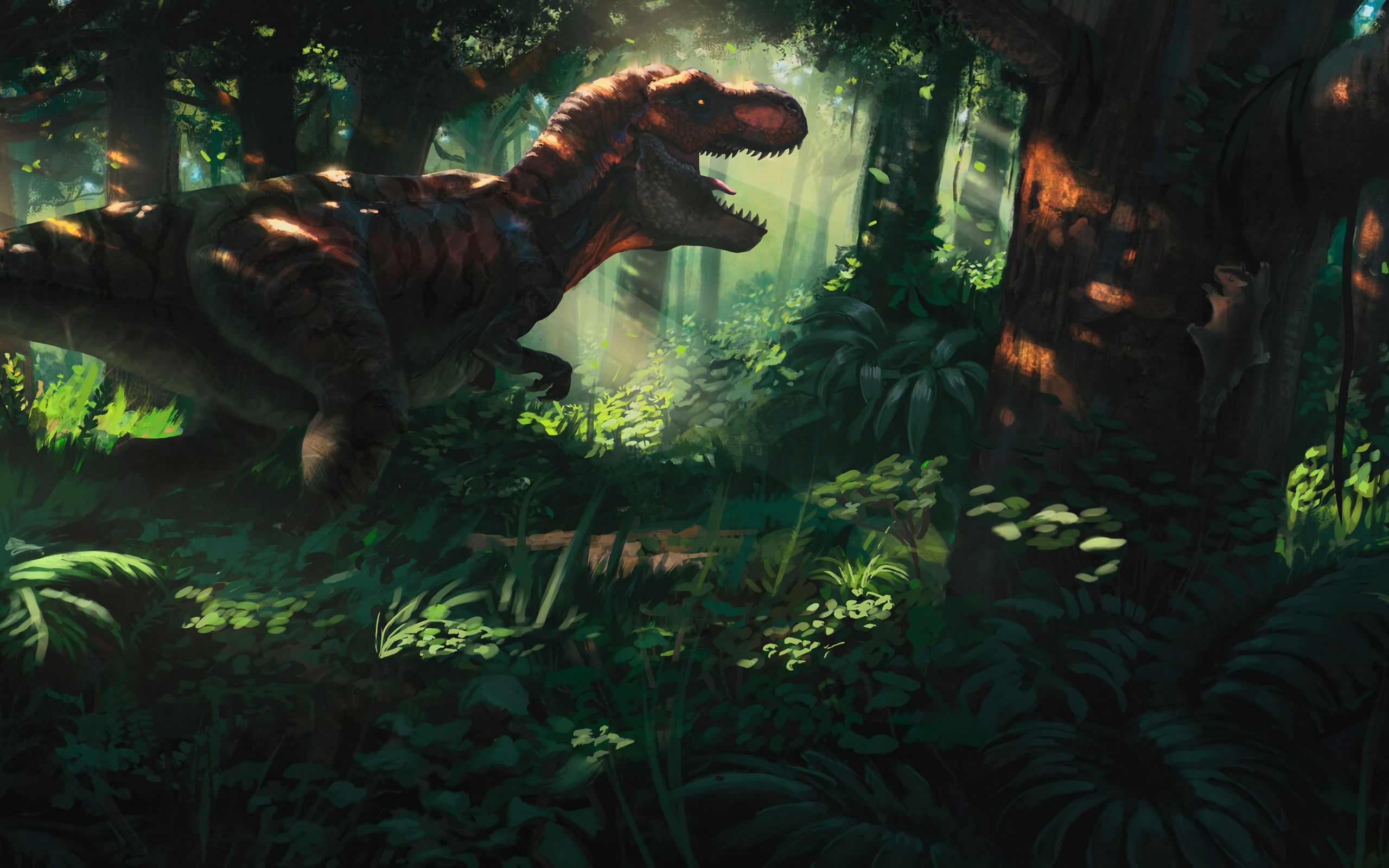 2560x1600 Download wallpaper 2560x1600 tyrannosaurus, dinosaur, jungle, forest, art widescreen 16:10 HD background