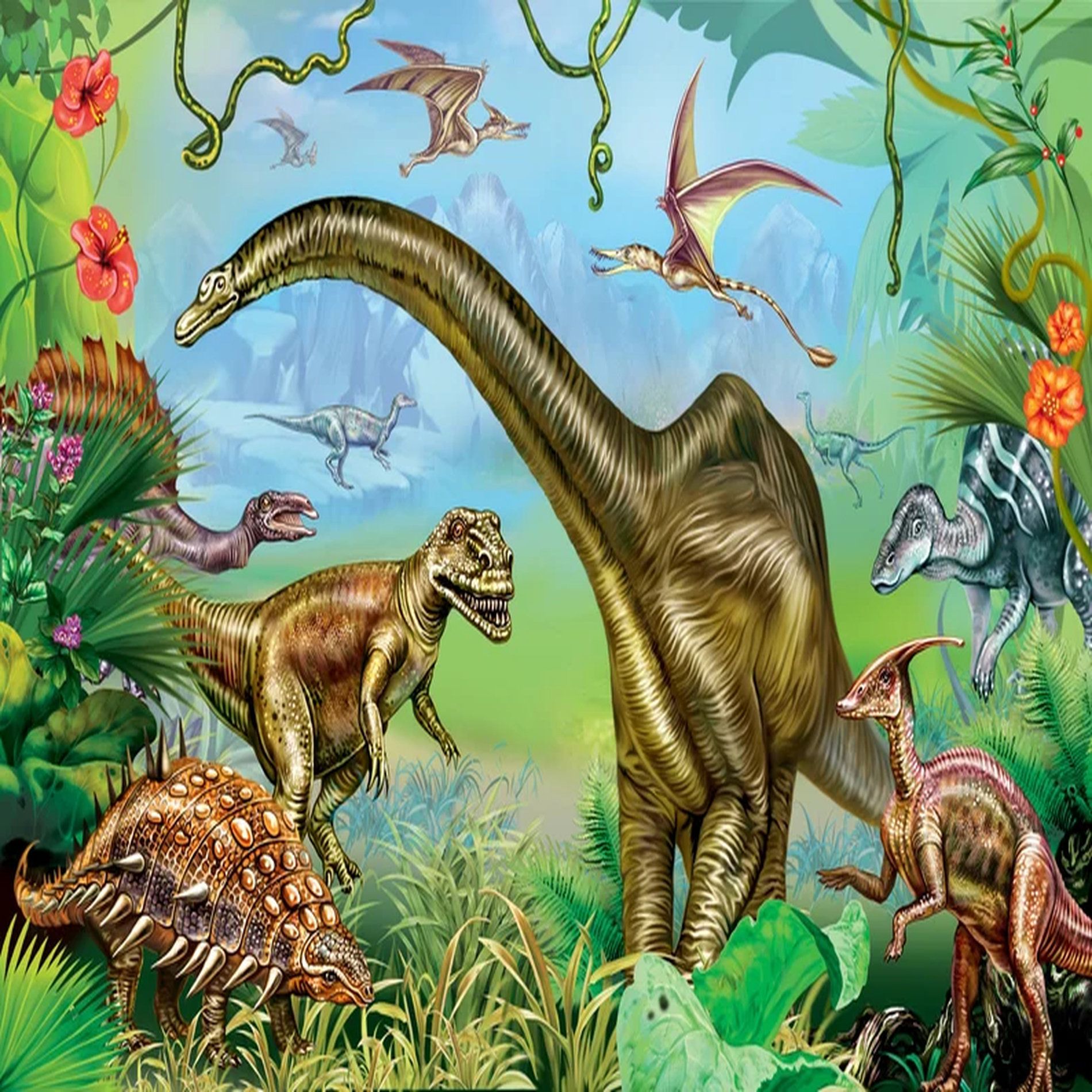 1900x1900 Red Barrel Studio® Kids Dinosaur Jungle Green Wall Mural, Prehistoric Nature Landscape Nursery Wallpaper, Cute T Rex & Brontosaurus Wall Decor