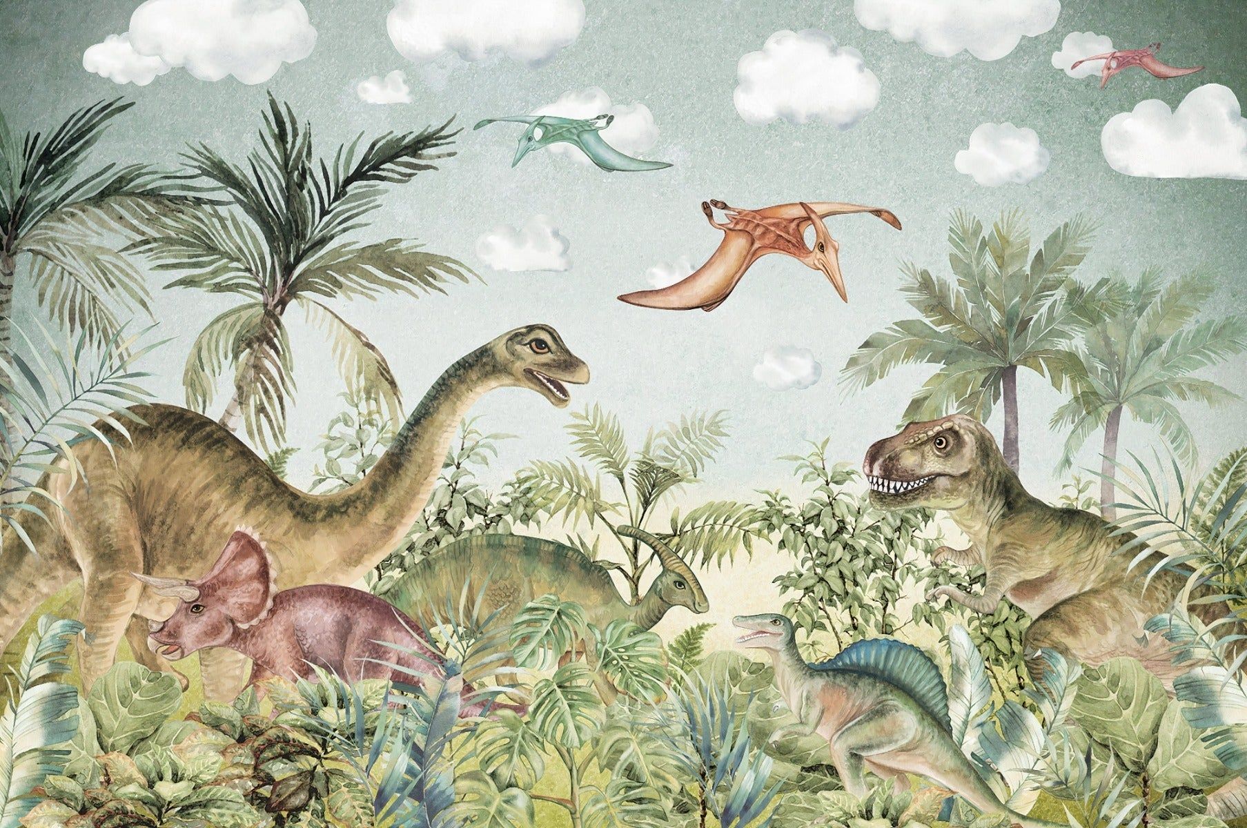 1807x1200 Watercolor Dinosaur in forest Wall Mural