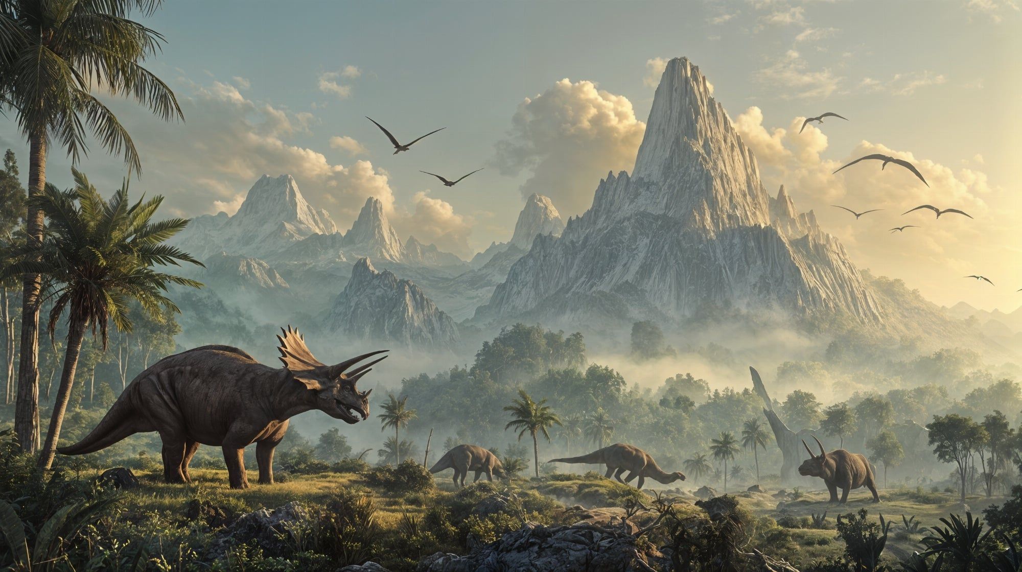 2000x1120 Dinosaur wallpaper. Spectacular prehistoric landscape
