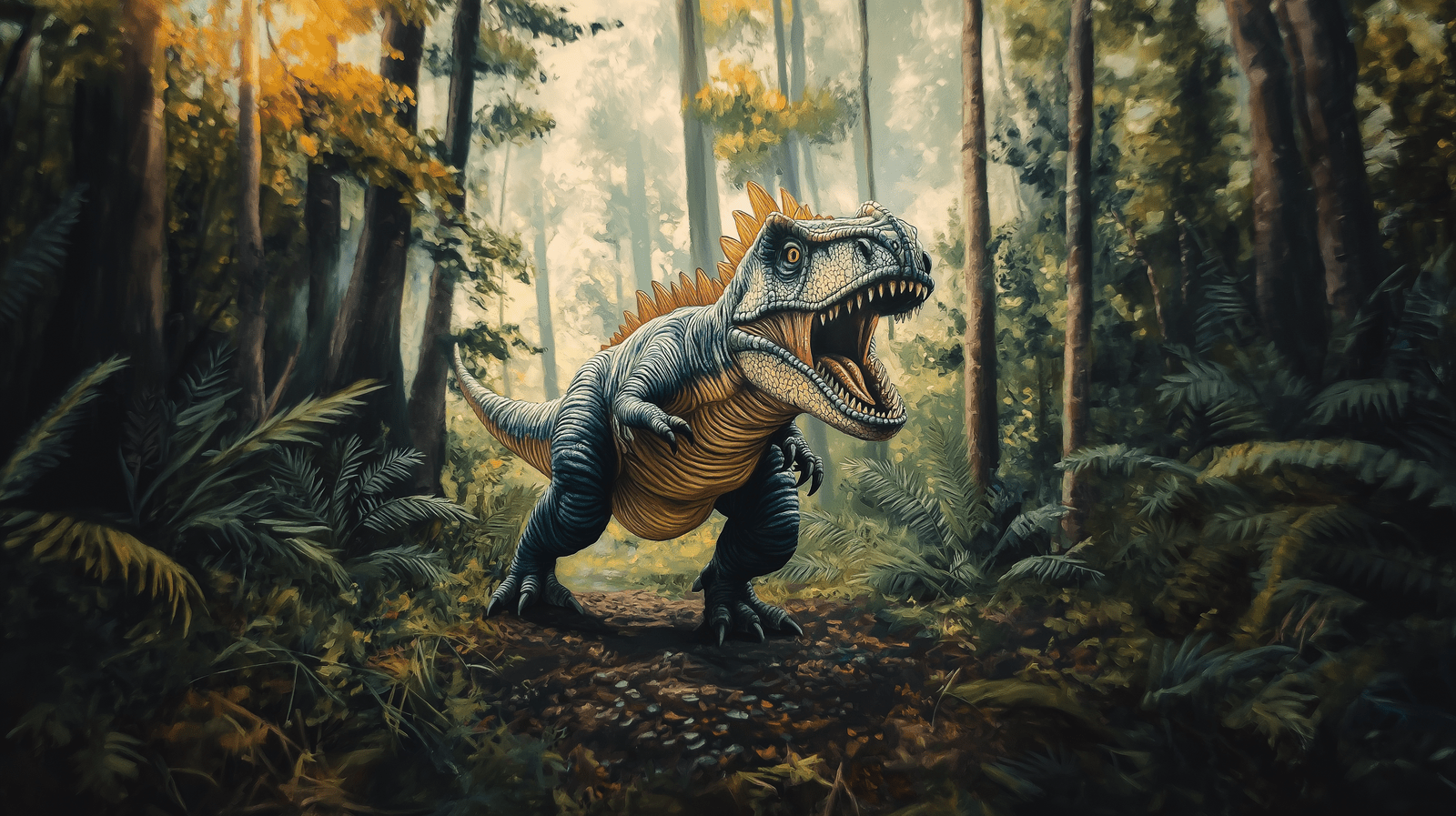 1600x897 Mural Wallpaper dinosaur. Prehistoric escape in the jungle