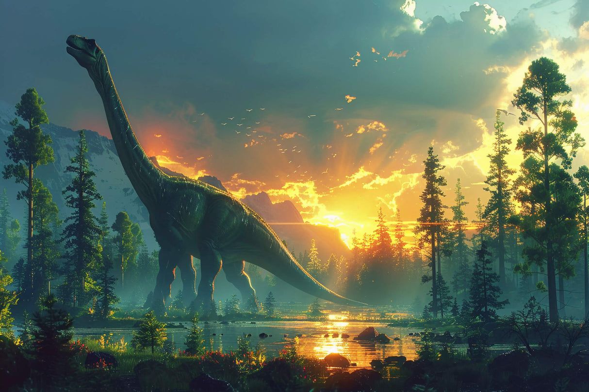 1214x809 Dinosaur Mural Wallpaper. Jurassic Sunset Forest Scene
