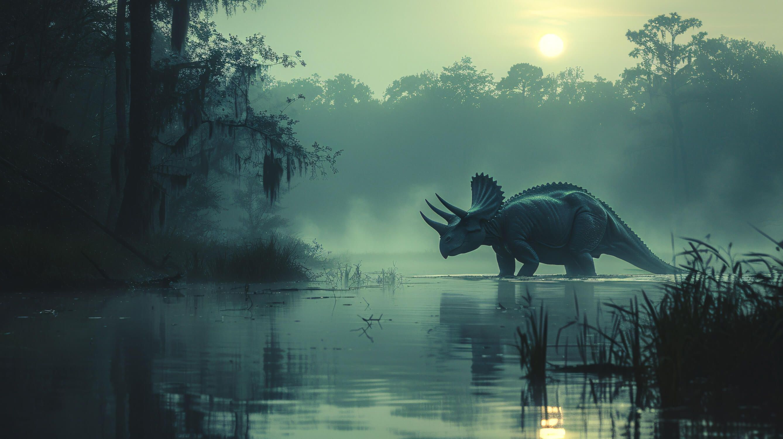 2676x1500 Dinosaur Mural Wallpaper. Mystical Green Forest Scene