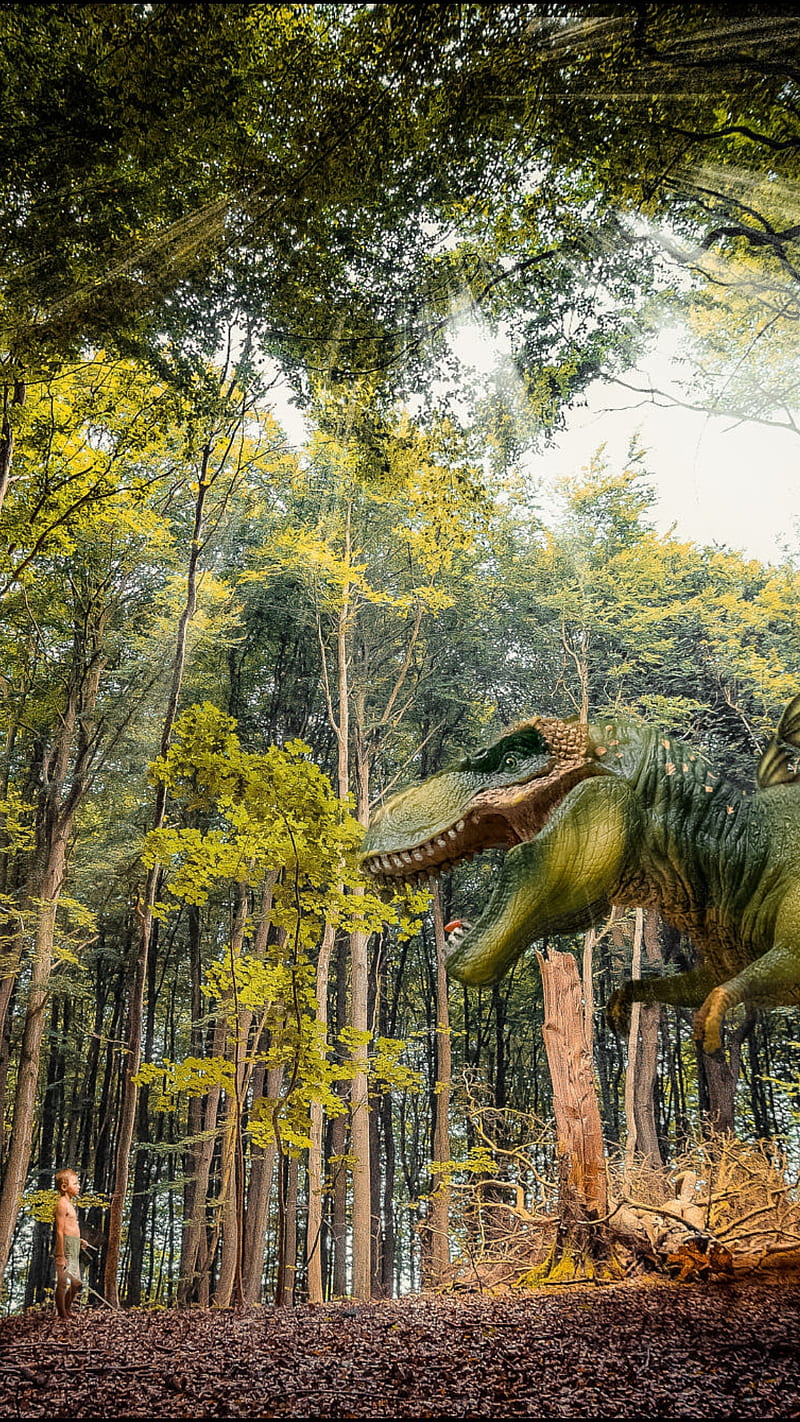 800x1422 Jurasic park, animal, boy, dinosaur, forest, green, nature, trees, wild, HD phone wallpaper