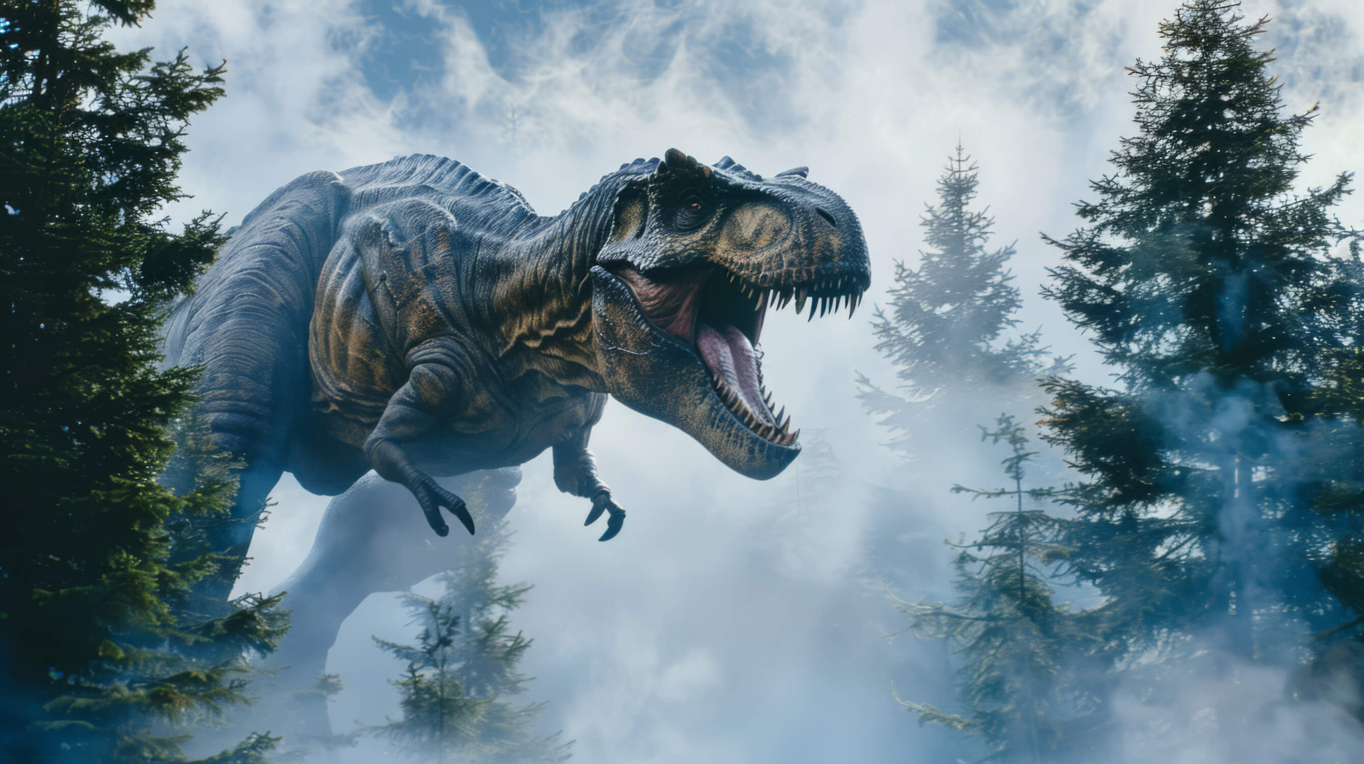 2676x1500 Dinosaur Mural Wallpaper. T Rex In Misty Forest