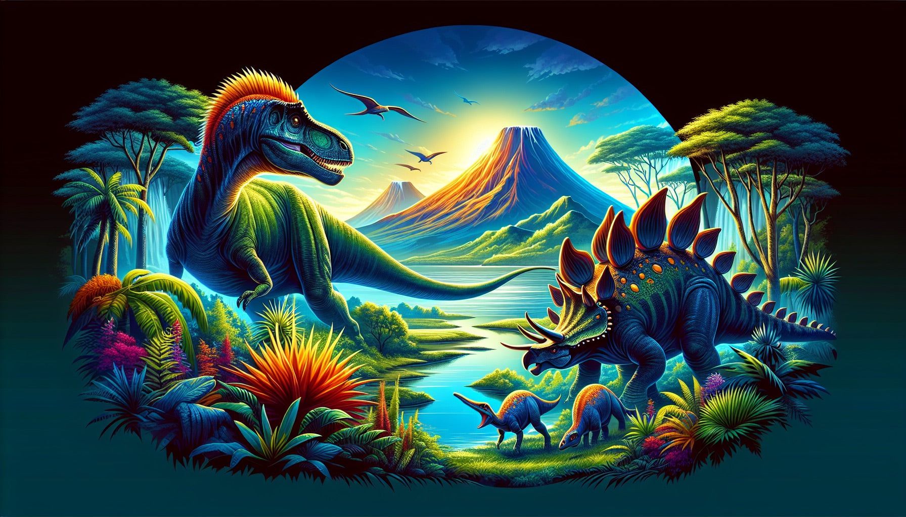 1792x1024 Dinosaur Mural Wallpaper. Volcano in the Tropics