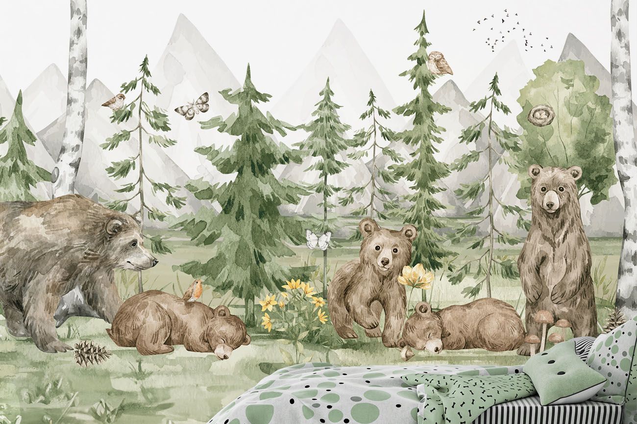 1300x867 Watercolor Bear Wallpaper for Nursery. Bear Forest Walloha