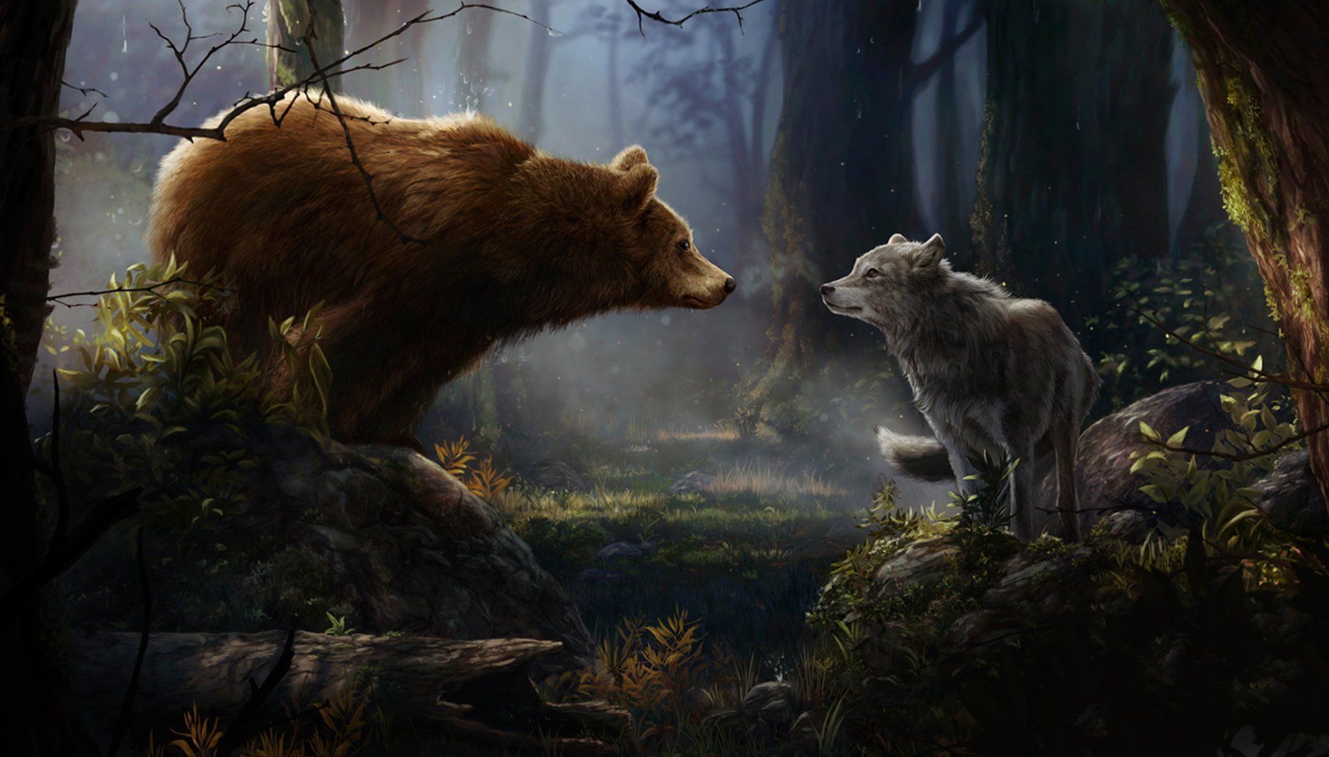 1920x1094 Majestic Forest Encounter: HD Wallpaper of Wolf and Bearx1094