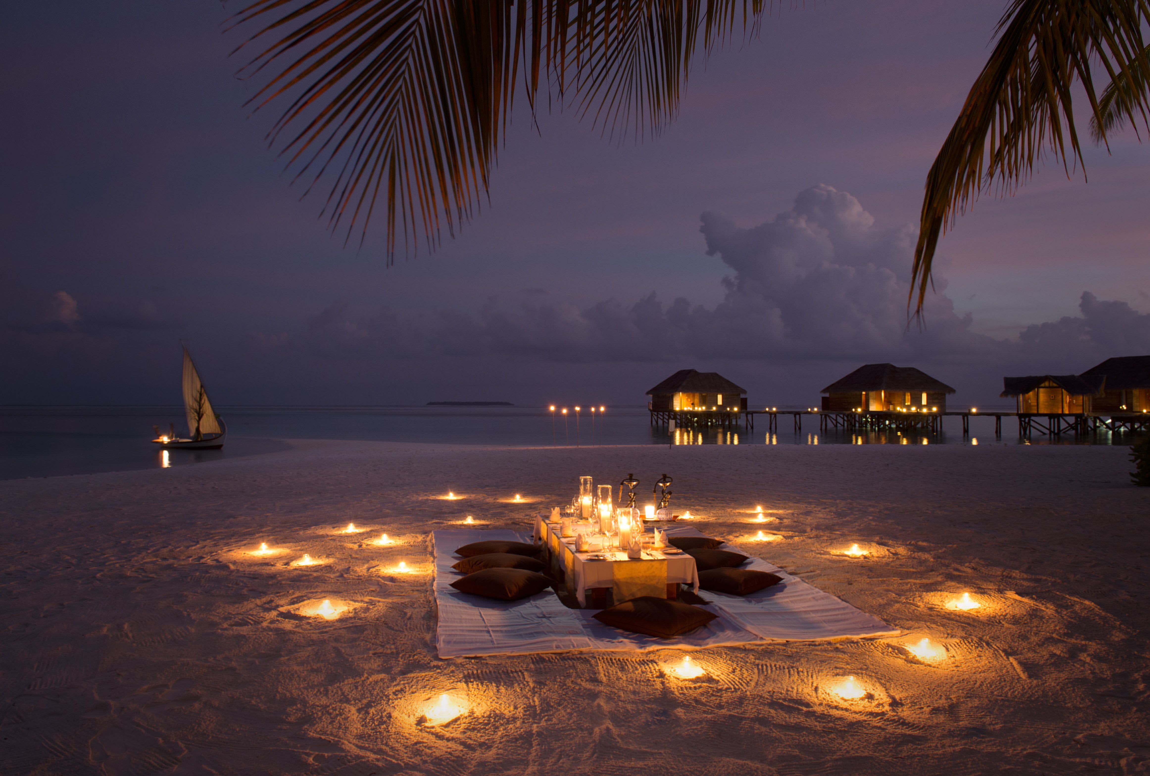 4647x3139 Wallpaper beach, the ocean, romance, boat, the evening, candles, dinner, Bungalow for mobile and desktop, section настроения, resolution 4647x3139