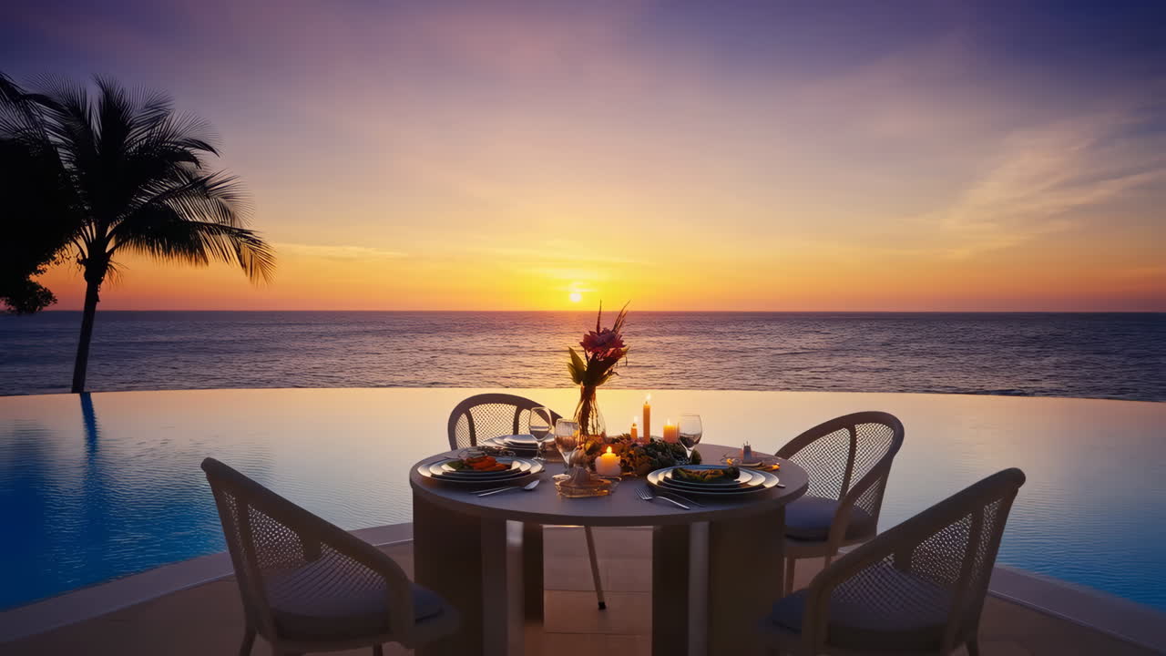 1280x720 Romantic dinner table set beside the beach in the sunset twilight time at munnok island thailand