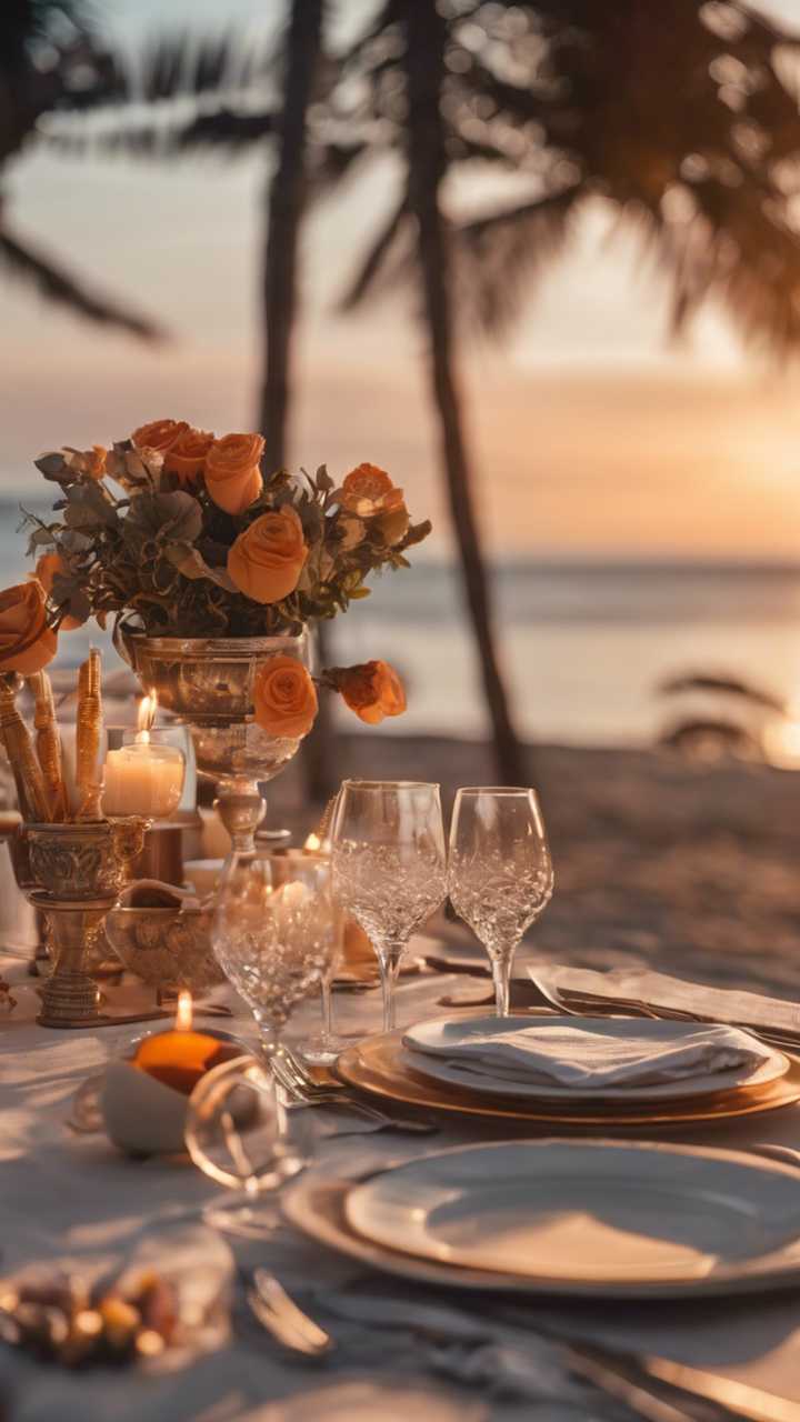 720x1280 A breathtaking scene of a romantic dinner set on a beach during sunset. Wallpaper [20e434ba7fca4a12a0c4]