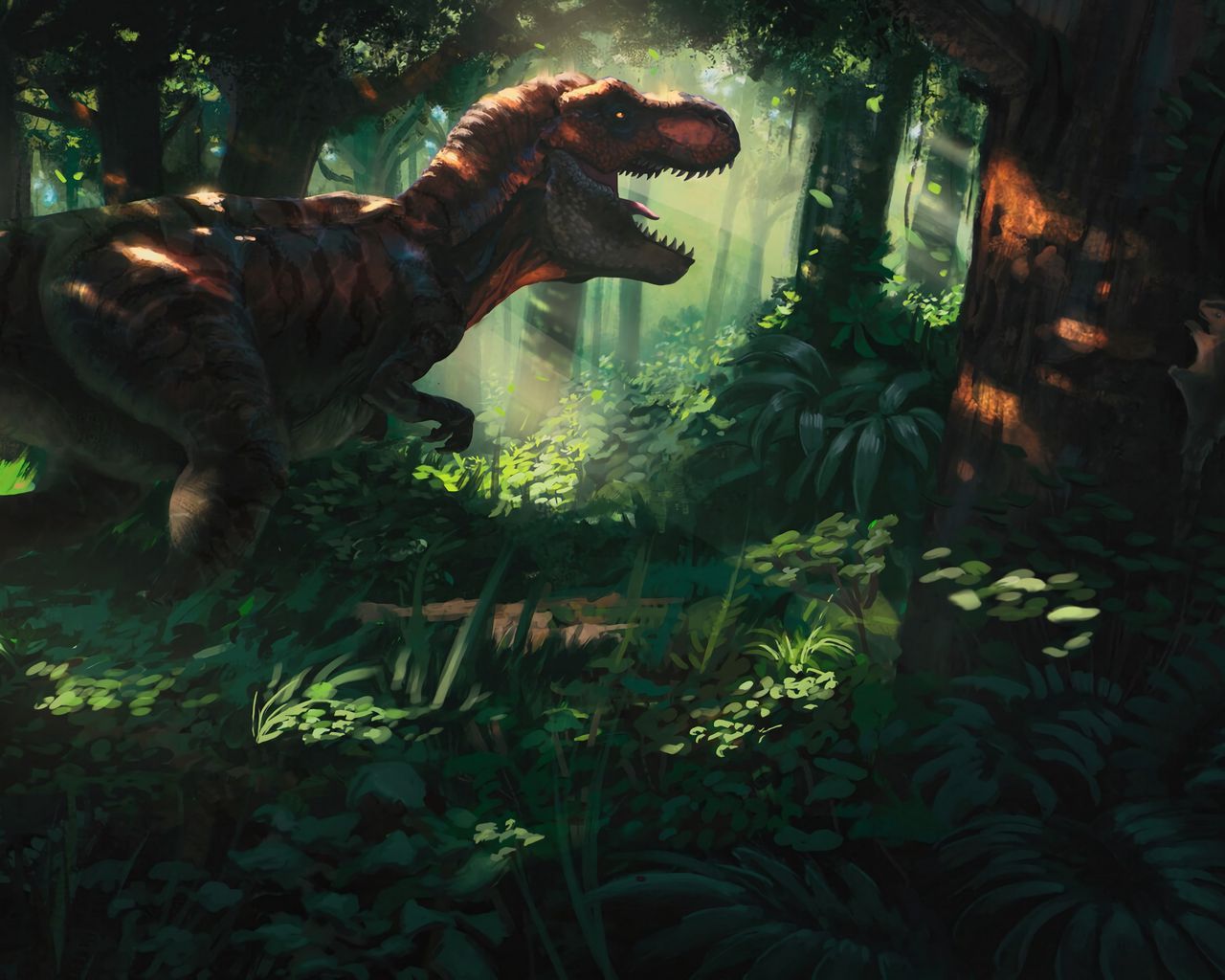 1280x1024 Download wallpaper 1280x1024 tyrannosaurus, dinosaur, jungle, forest, art standard 5:4 HD background